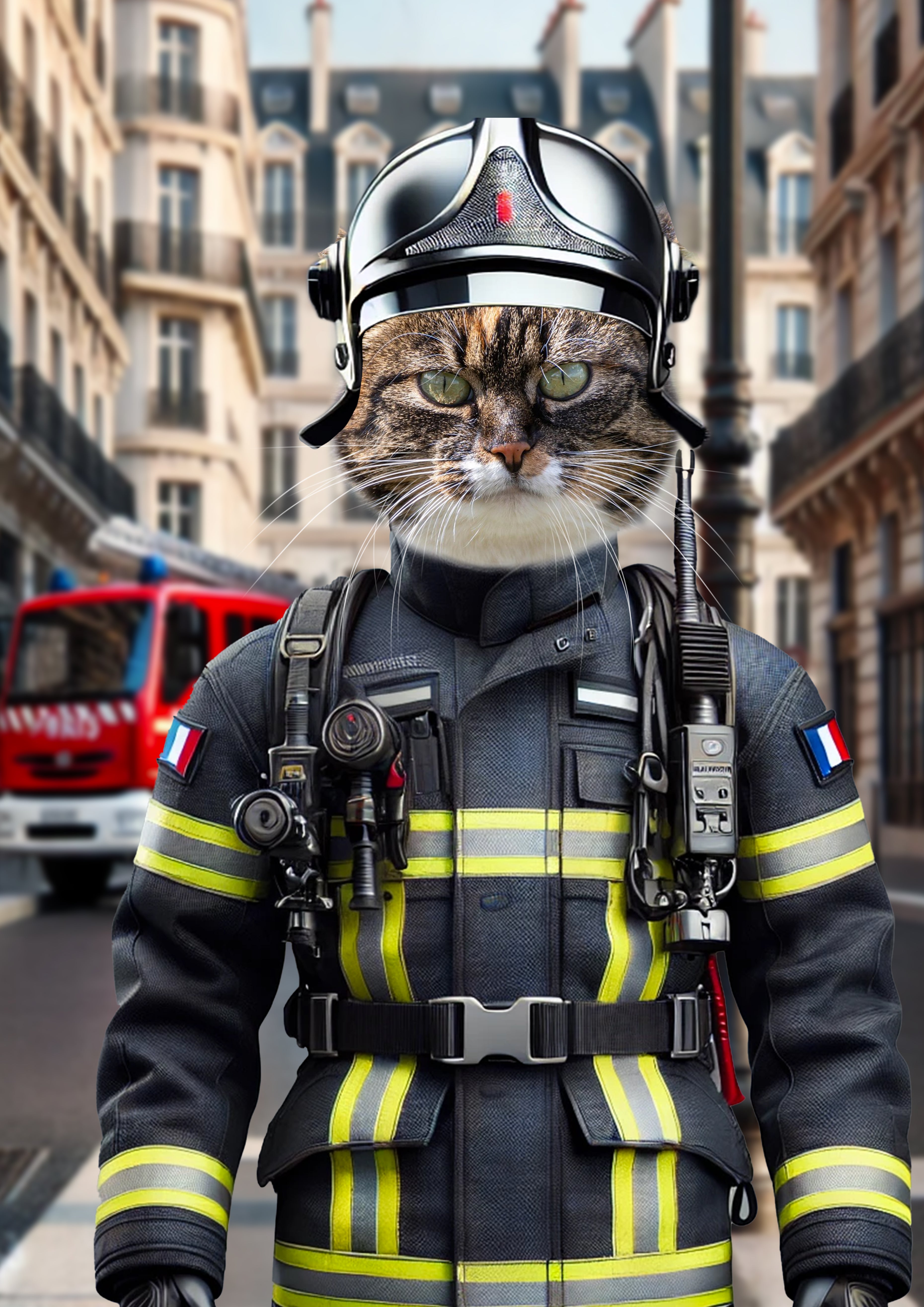 Chat en tenue complète de sapeur-pompier français (casque, radio, uniforme noir et jaune) debout devant un camion de pompiers rouge dans une rue parisienne bordée d’immeubles haussmanniens.