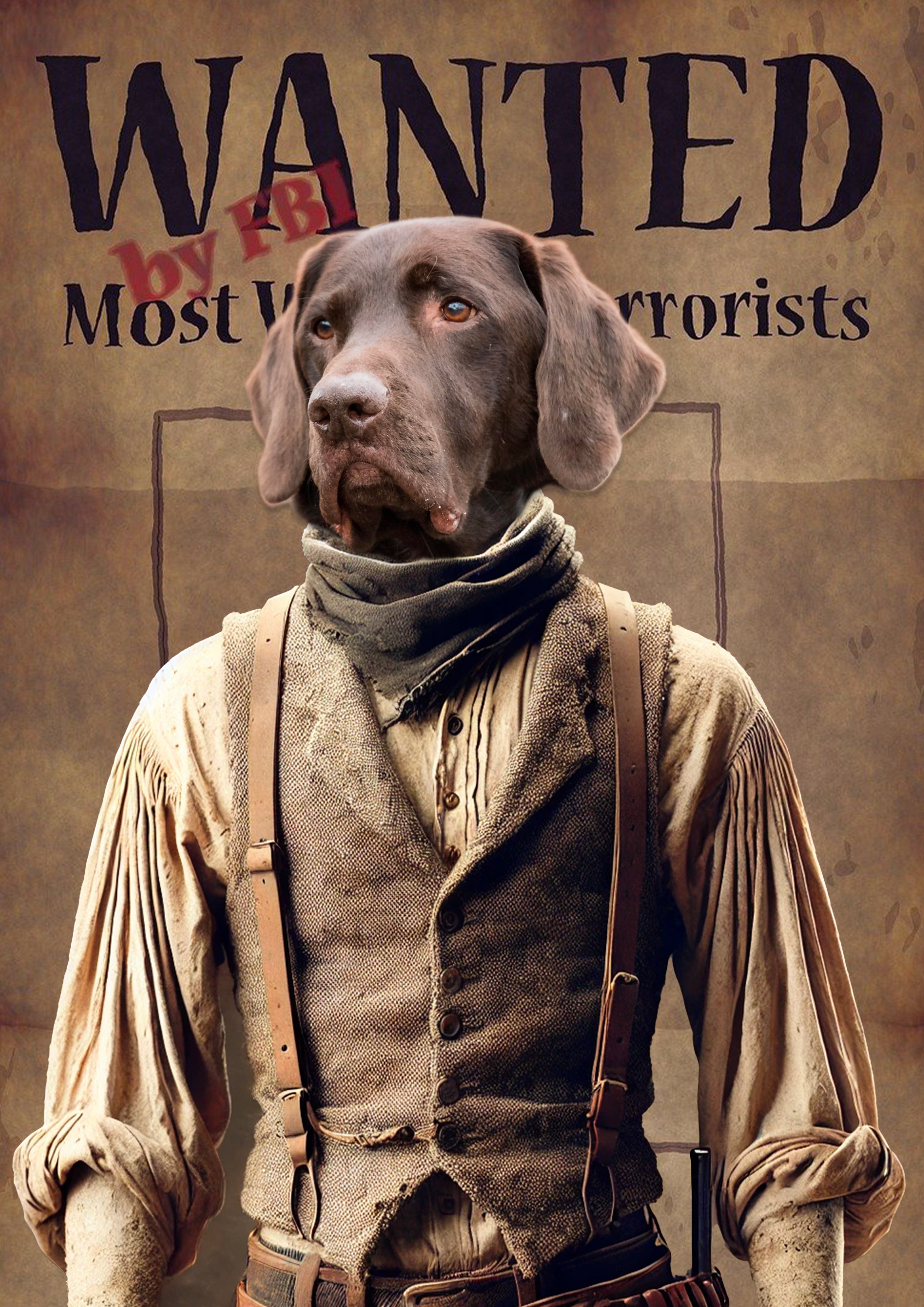 Chien labrador brun déguisé en cow-boy sur une affiche vintage « WANTED by FBI », portant chemise beige, gilet en tweed, écharpe et bretelles en cuir.