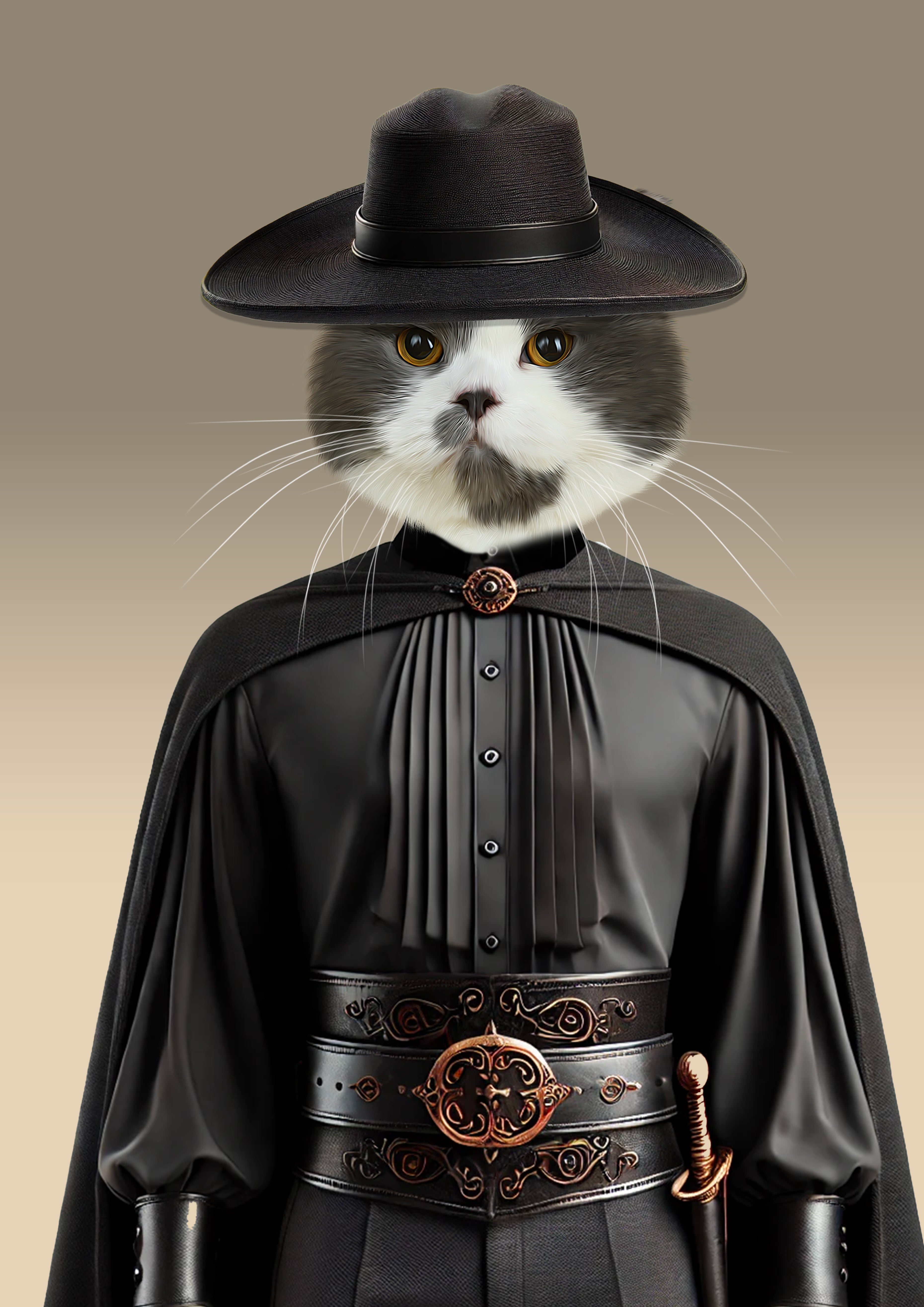 Chat blanc et gris vêtu d’une tenue d’inspiration XVIIᵉ siècle : chapeau noir à large bord, cape sombre, pourpoint plissé, ceinture en cuir ornementée et épée au côté.