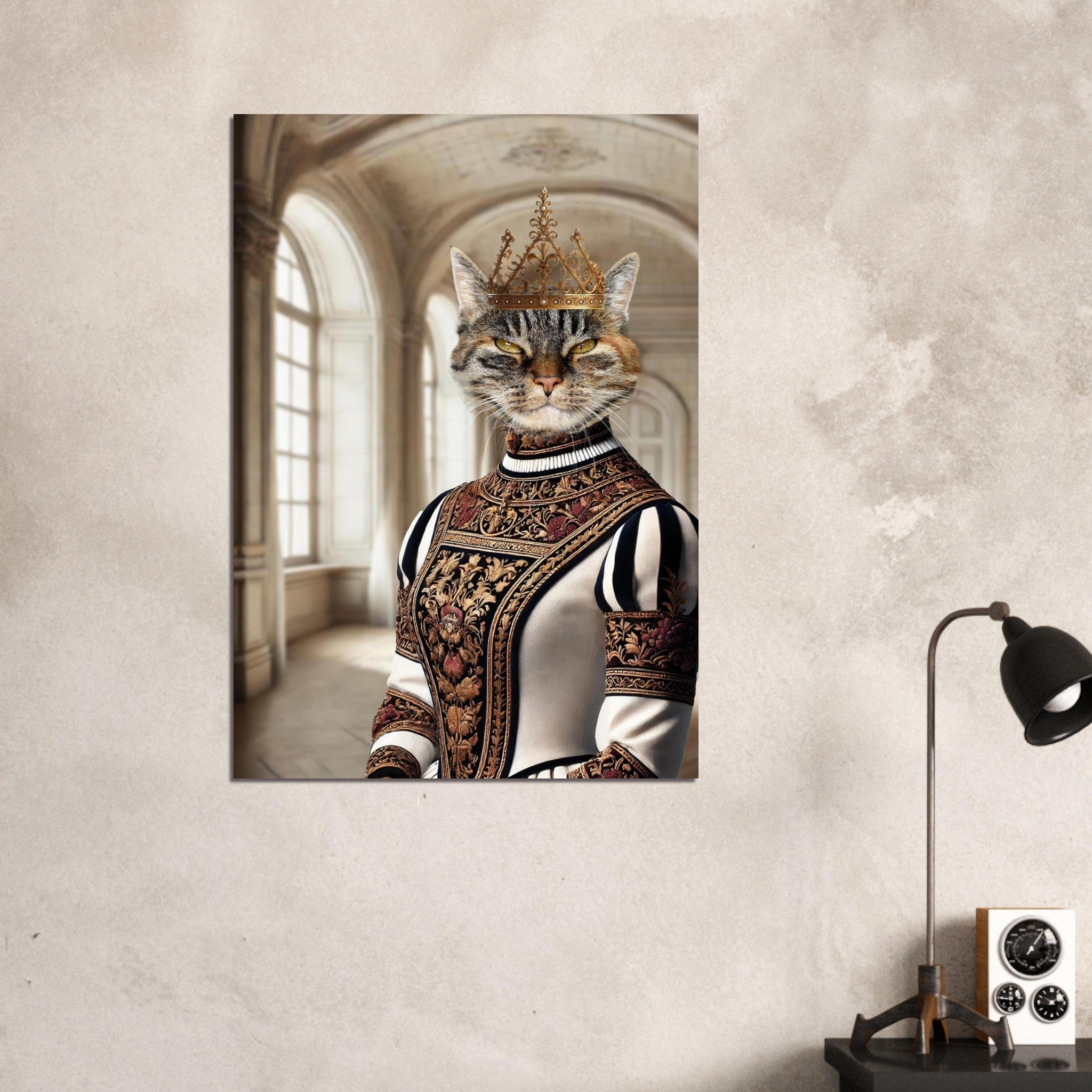 Chat tigré couronné portant une somptueuse robe Renaissance blanche et noire richement brodée dans un somptueux intérieur de palais classique