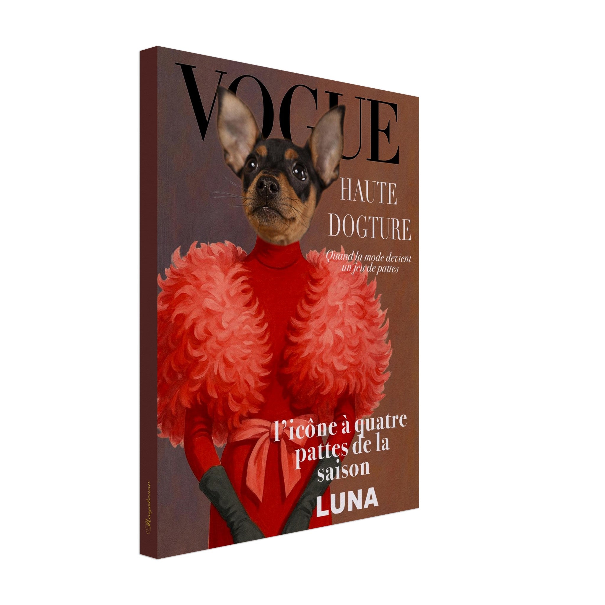 Couverture parodique de Vogue « Haute Dogture » montrant Luna, un petit chien élégant en robe rouge à plumes et gants noirs, icône mode à quatre pattes.