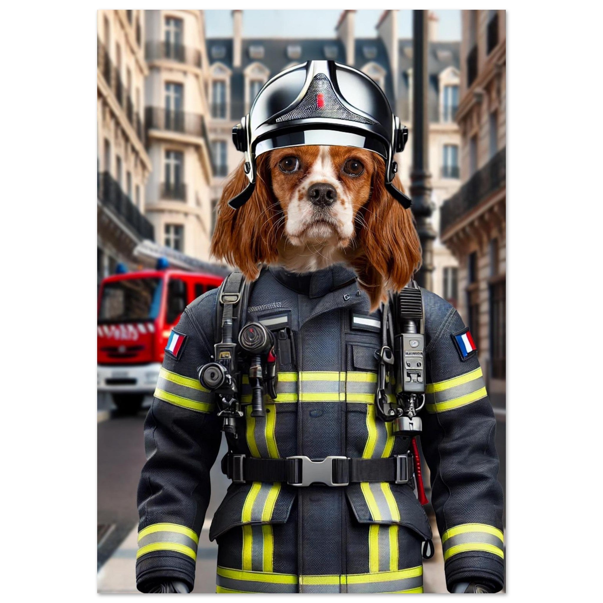 Chien Cavalier King Charles en tenue de pompier française complète (casque, veste à bandes réfléchissantes et radio), debout dans une rue parisienne devant un camion de pompiers rouge