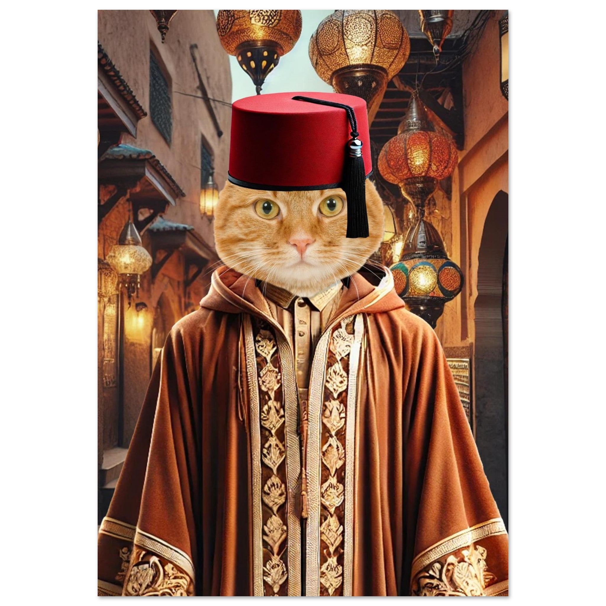 Chat roux coiffé d’un fez rouge et vêtu d’une djellaba marquée de broderies dorées, debout dans une ruelle de souk marocain illuminée de lanternes orientales.