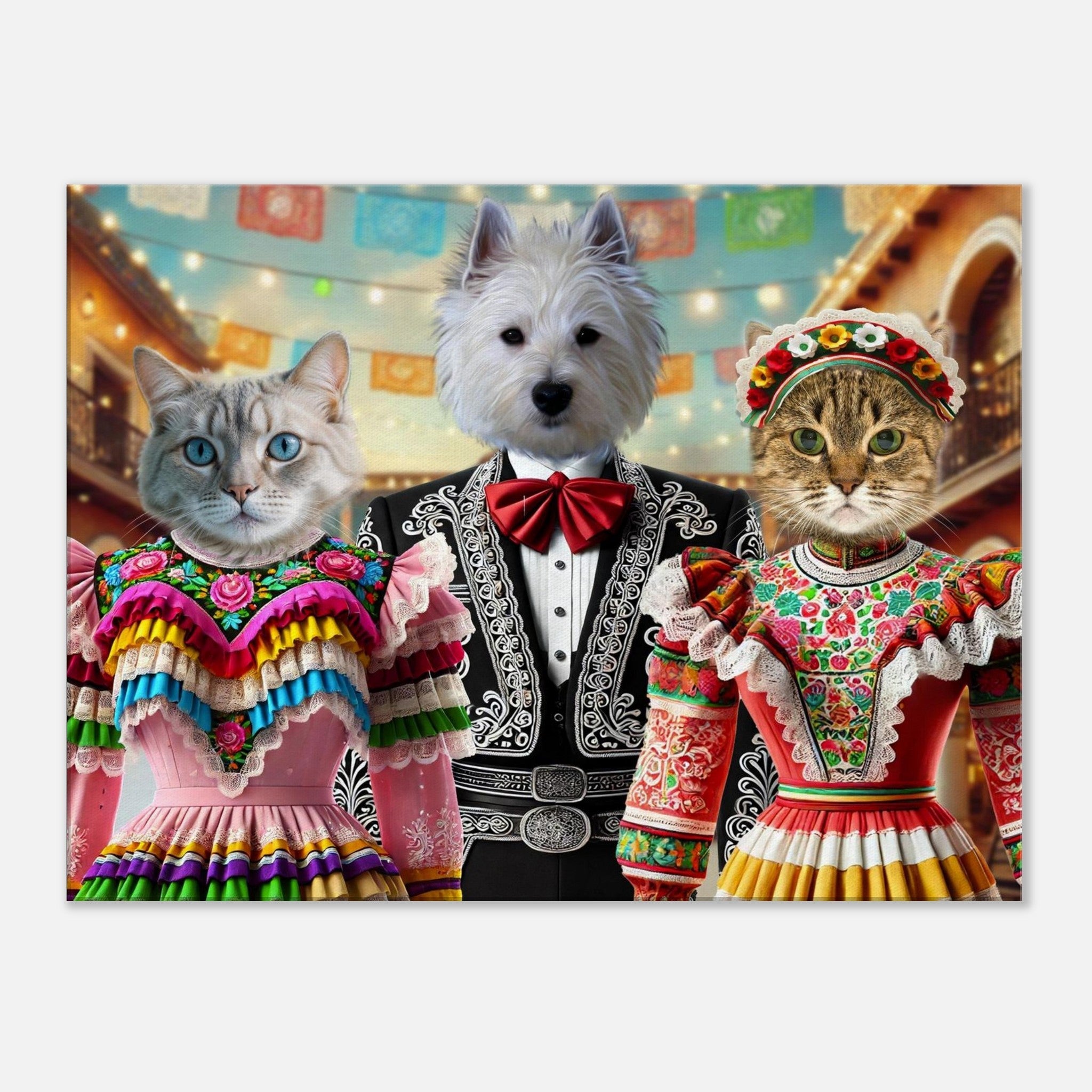 Chien blanc en costume de mariachi noir et nœud papillon rouge, encadré par deux chats en robes folkloriques mexicaines colorées à volants, sur fond de cour festive décorée de guirlandes lumineuses et de papel picado