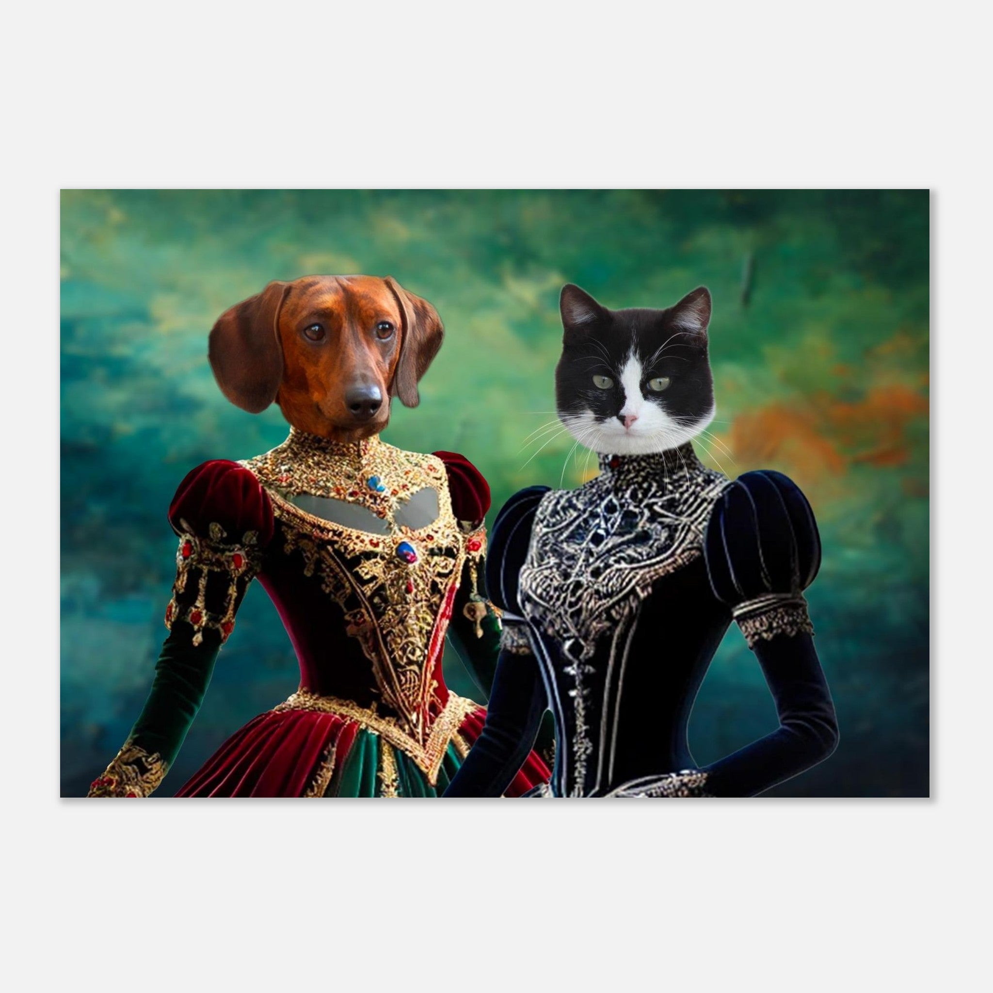 Portrait of a dachshund and a black-and-white cat dressed in ornate Renaissance-style gowns against a painterly green background.