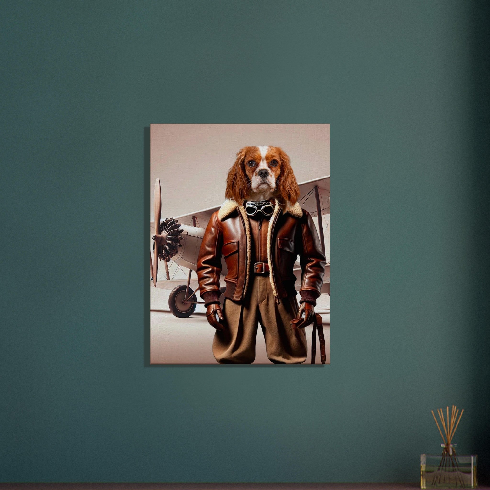 Portrait stylisé d’un chien Cavalier King Charles rouge‐blanc habillé en pilote d’avion vintage avec veste en cuir marron, gants et lunettes d’aviation, posé devant un biplan ancien.