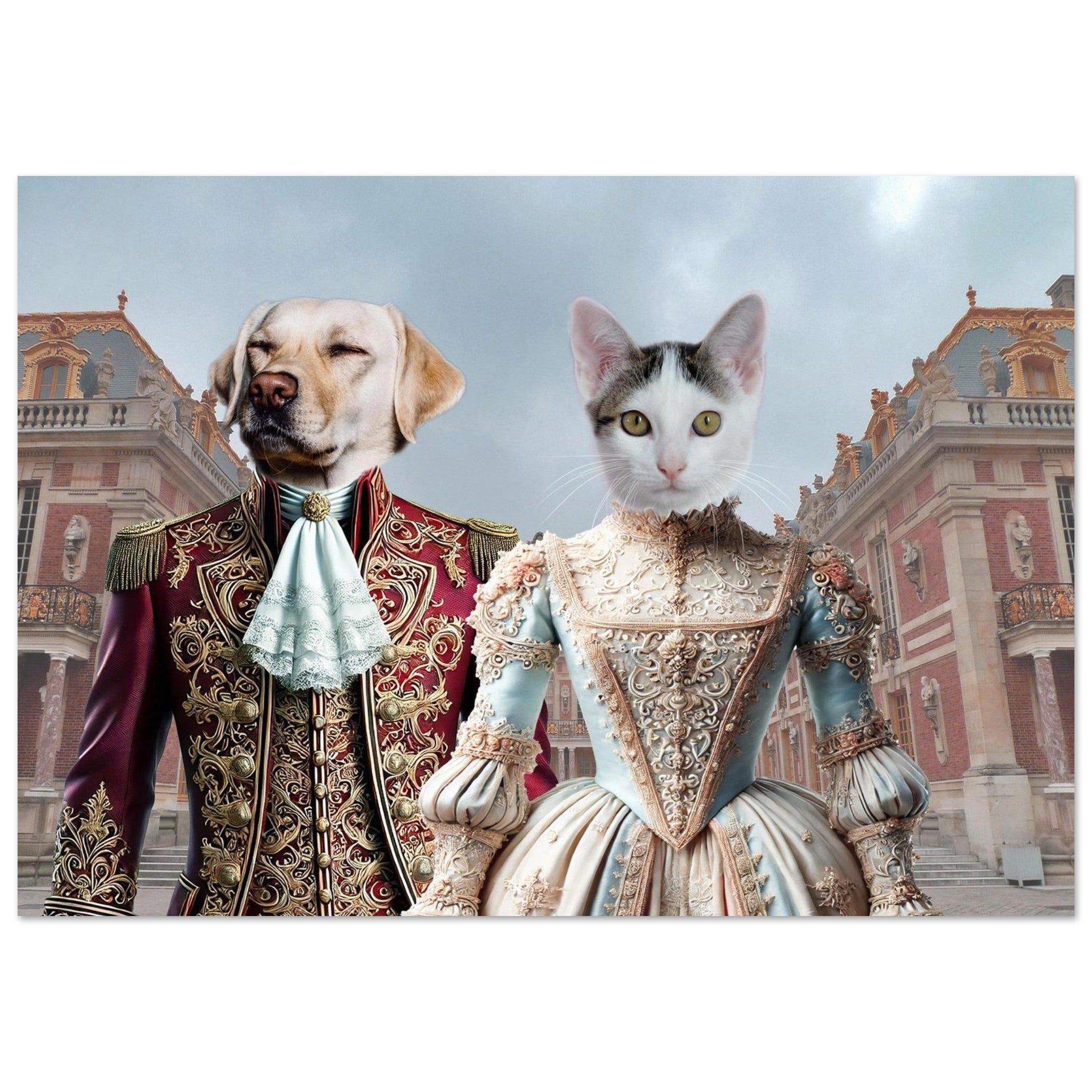 Chien labrador en habit baroque rouge et chat blanc et gris en robe royale bleue posant devant un palais à l’architecture versaillaise