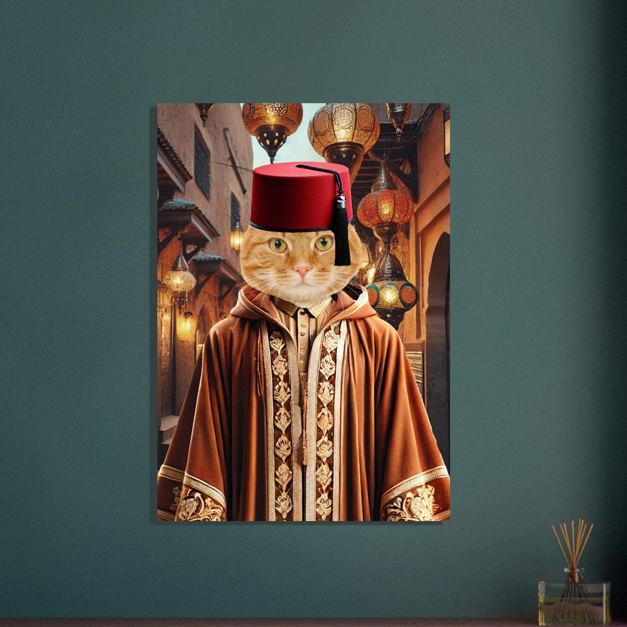 Chat orange vêtu d’une djellaba marocaine brodée et coiffé d’un fez rouge, posant dans une ruelle orientale illuminée de lanternes colorées.