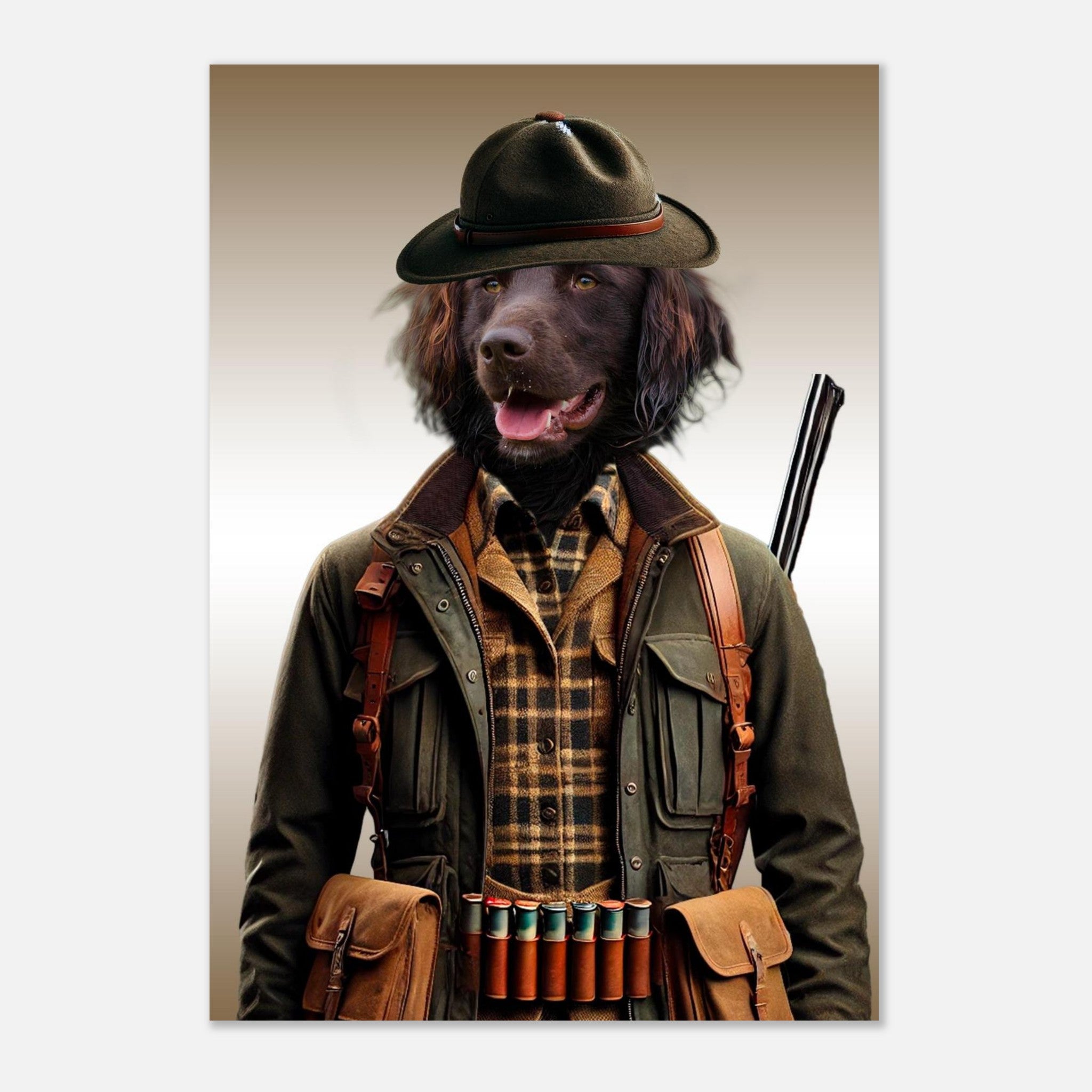 chien de chasse anthropomorphe marron portant un chapeau en feutre, une veste kaki sur une chemise à carreaux, une cartouchière en cuir garnie de munitions, un sac en toile et un fusil à double canon posé sur l’épaule