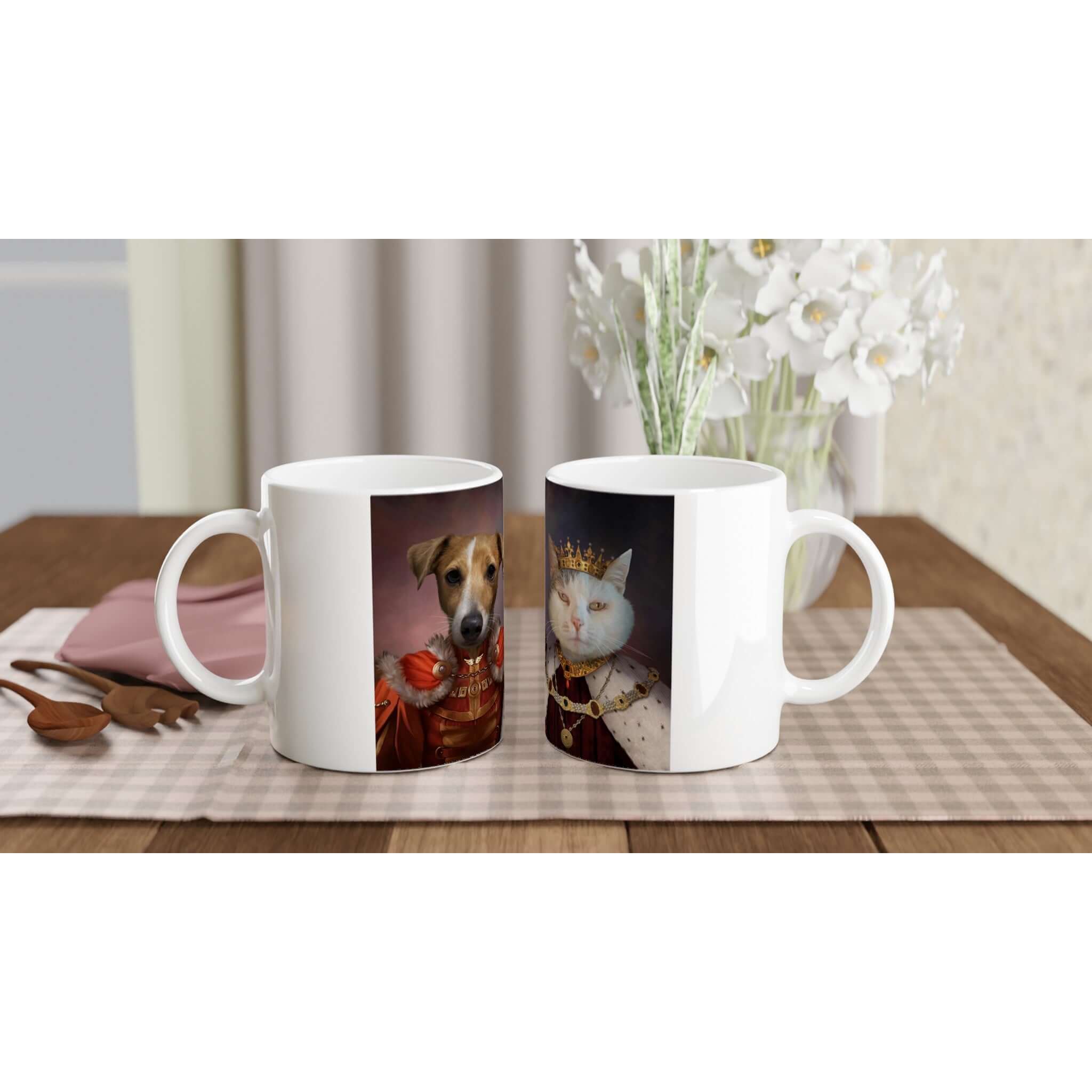 Mug DUO ROI ET PRINCE en céramique avec portrait animalier en costume, imprimé en France, sur papier FSC.