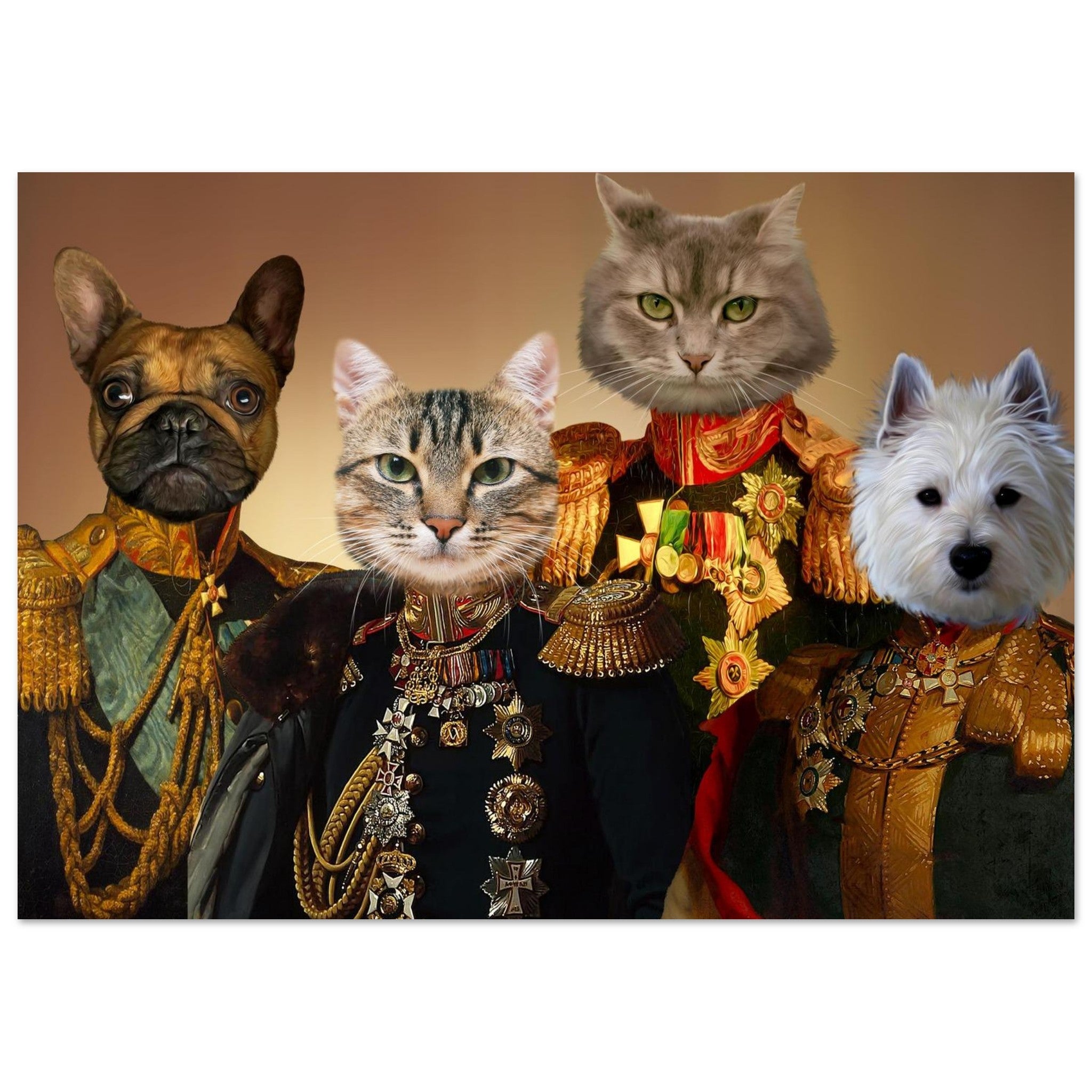 Portrait humoristique de deux chats (tigré et gris) et deux chiens (bouledogue français et westie) vêtus d’uniformes militaires napoléoniens ornés de médailles.