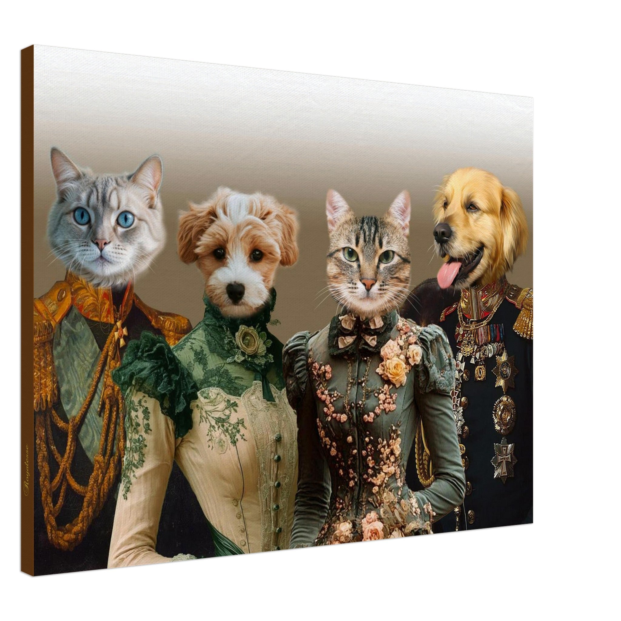Portrait sur toile représentant quatre animaux anthropomorphes en tenue d’aristocratie : un chat aux yeux bleus en uniforme doré, un chiot blanc et roux en robe victorienne verte, un chat tigré en robe brodée de fleurs et un golden retriever décoré de médailles, le tout dans un style impérial XIXᵉ siècle.