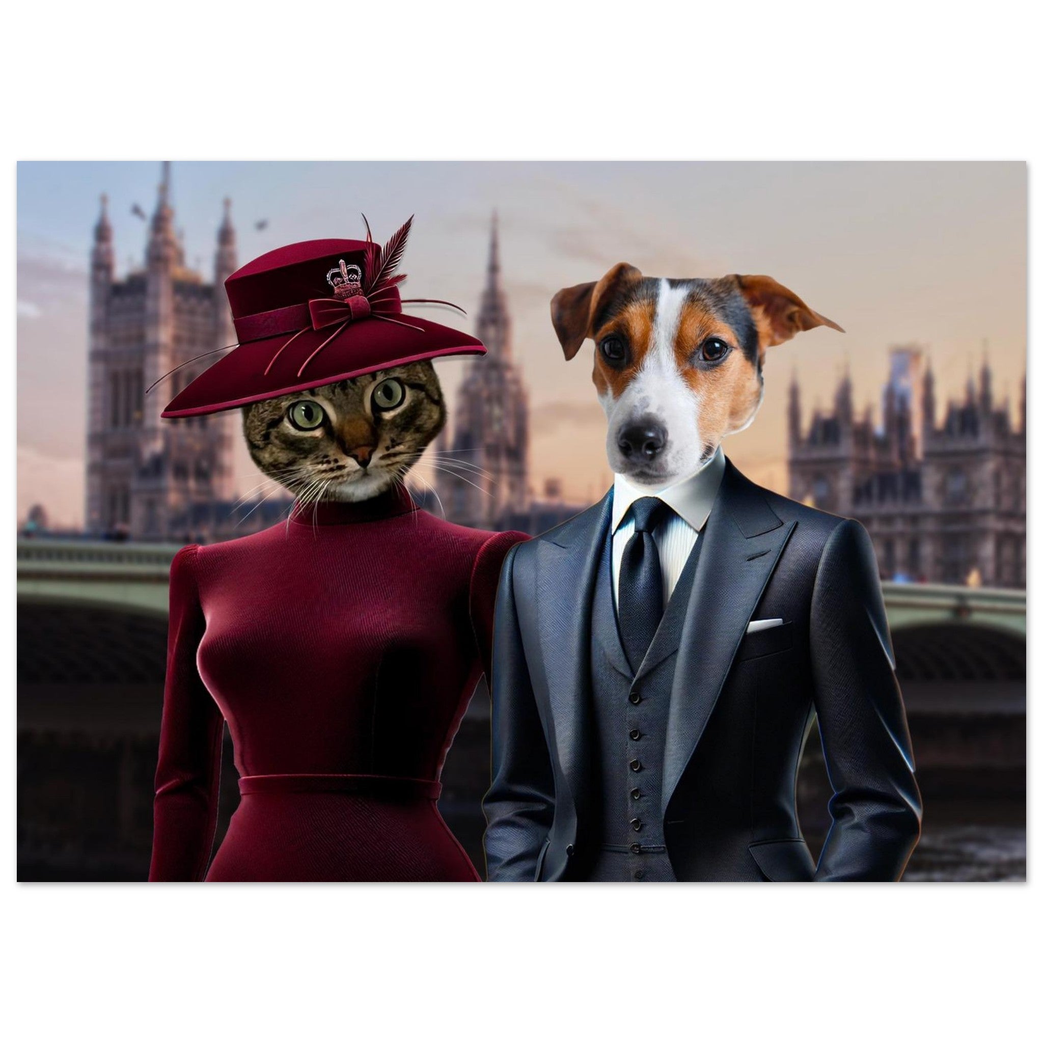 Chat élégant en robe bordeaux et chapeau à plumes, aux côtés d’un chien en costume trois-pièces, posant devant les tours du Parlement de Londres au crépuscule.