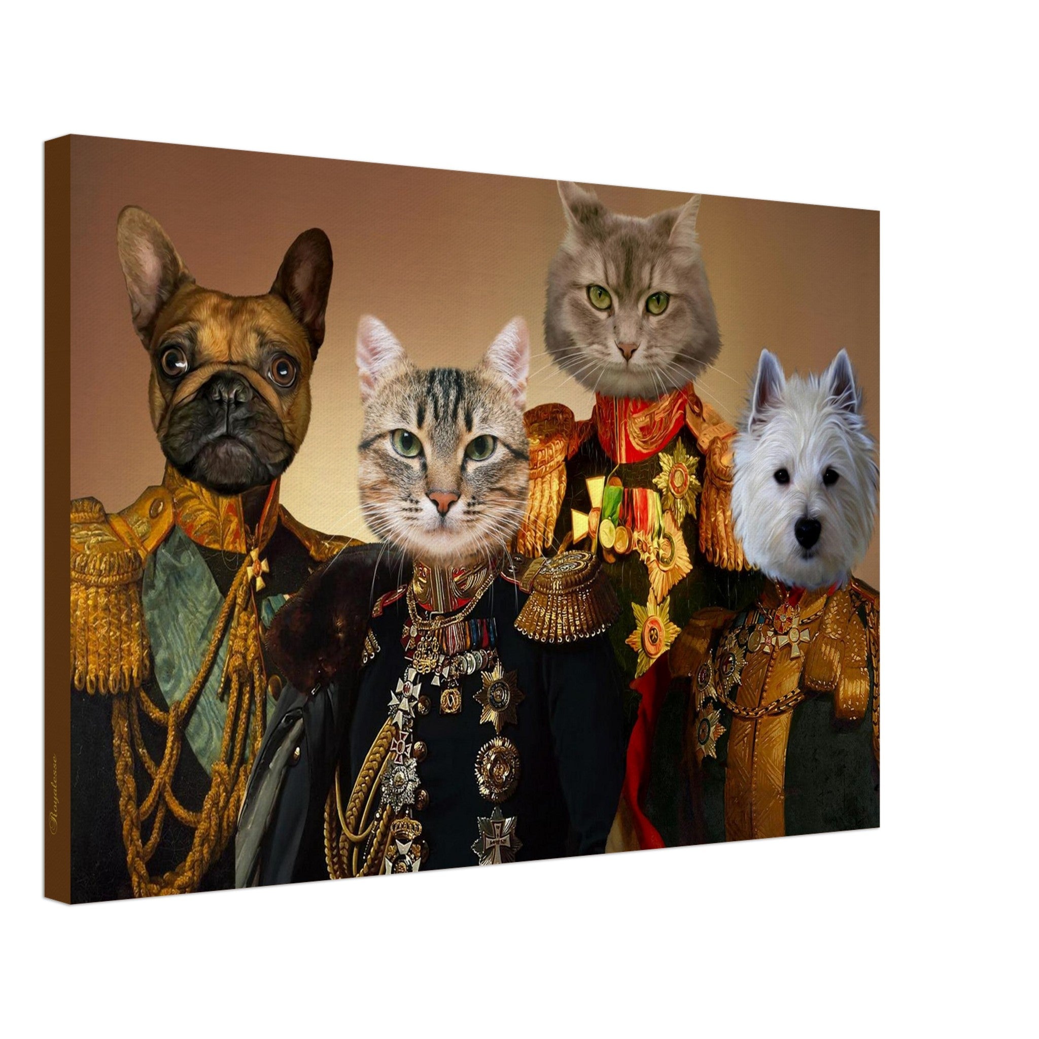 Portrait humoristique de deux chats et de deux chiens vêtus d’uniformes militaires d’époque à épaulettes dorées et décorations nombreuses.