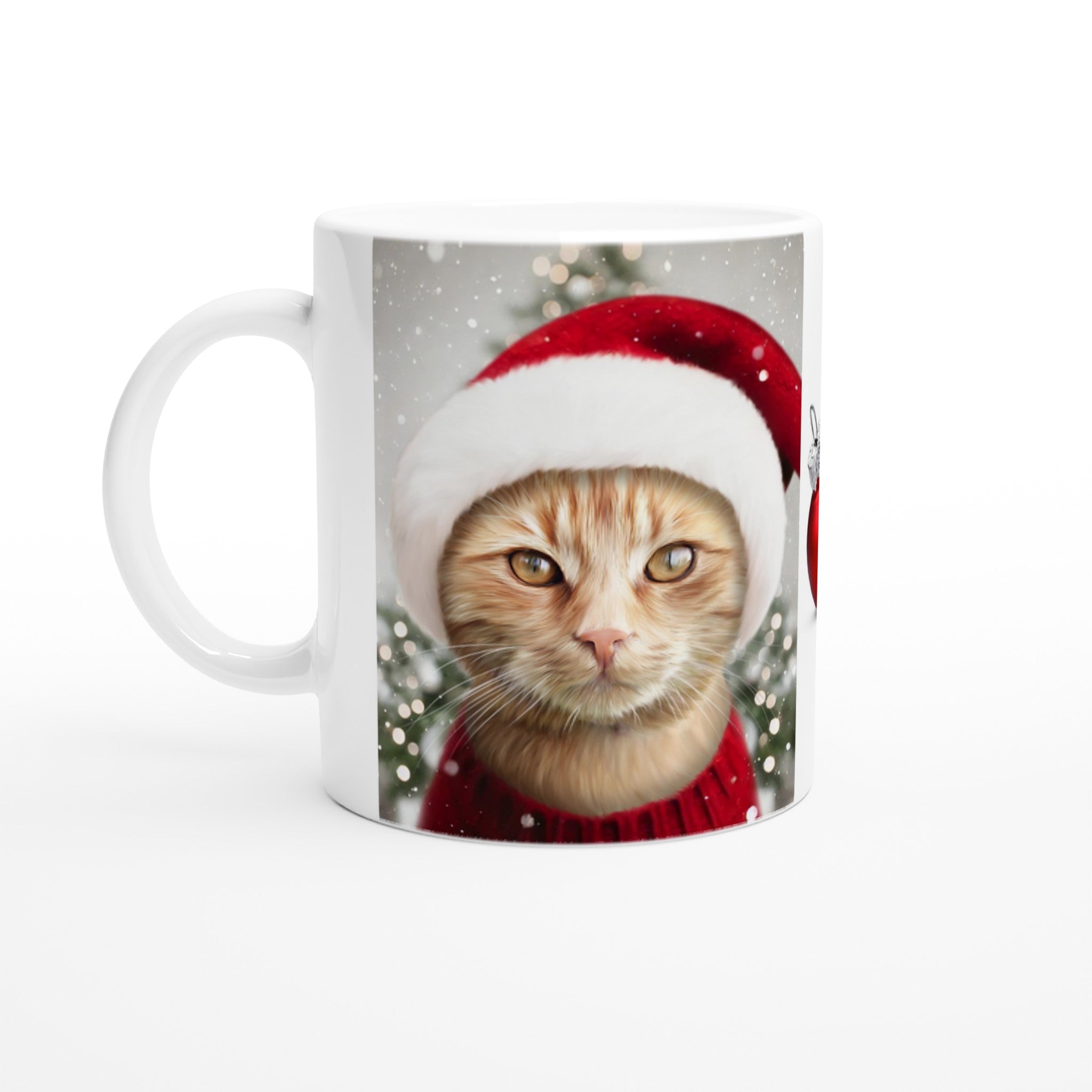 Tasse personnalisée avec portrait de chat en costume de Noël, imprimé en France, céramique blanche élégante, papier FSC.