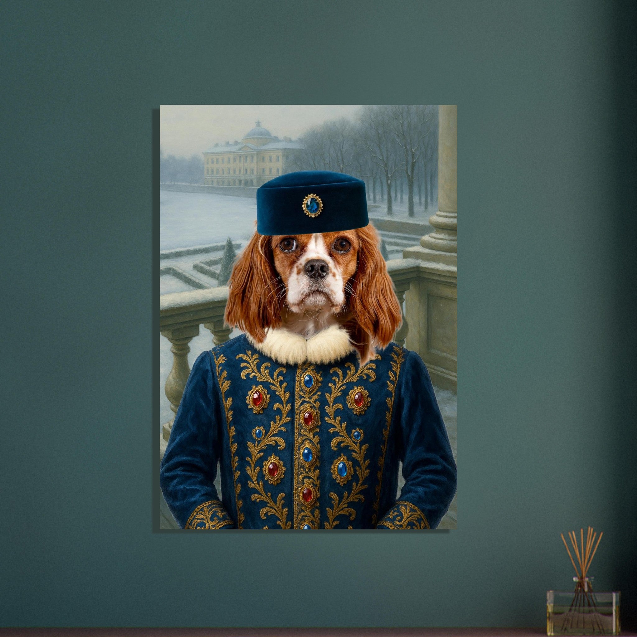 Portrait d’un Cavalier King Charles Spaniel vêtu d’un costume aristocratique bleu orné de broderies dorées et de pierres précieuses, coiffé d’un chapeau assorti, posé sur une terrasse enneigée surplombant un jardin à la française et un palais classique.