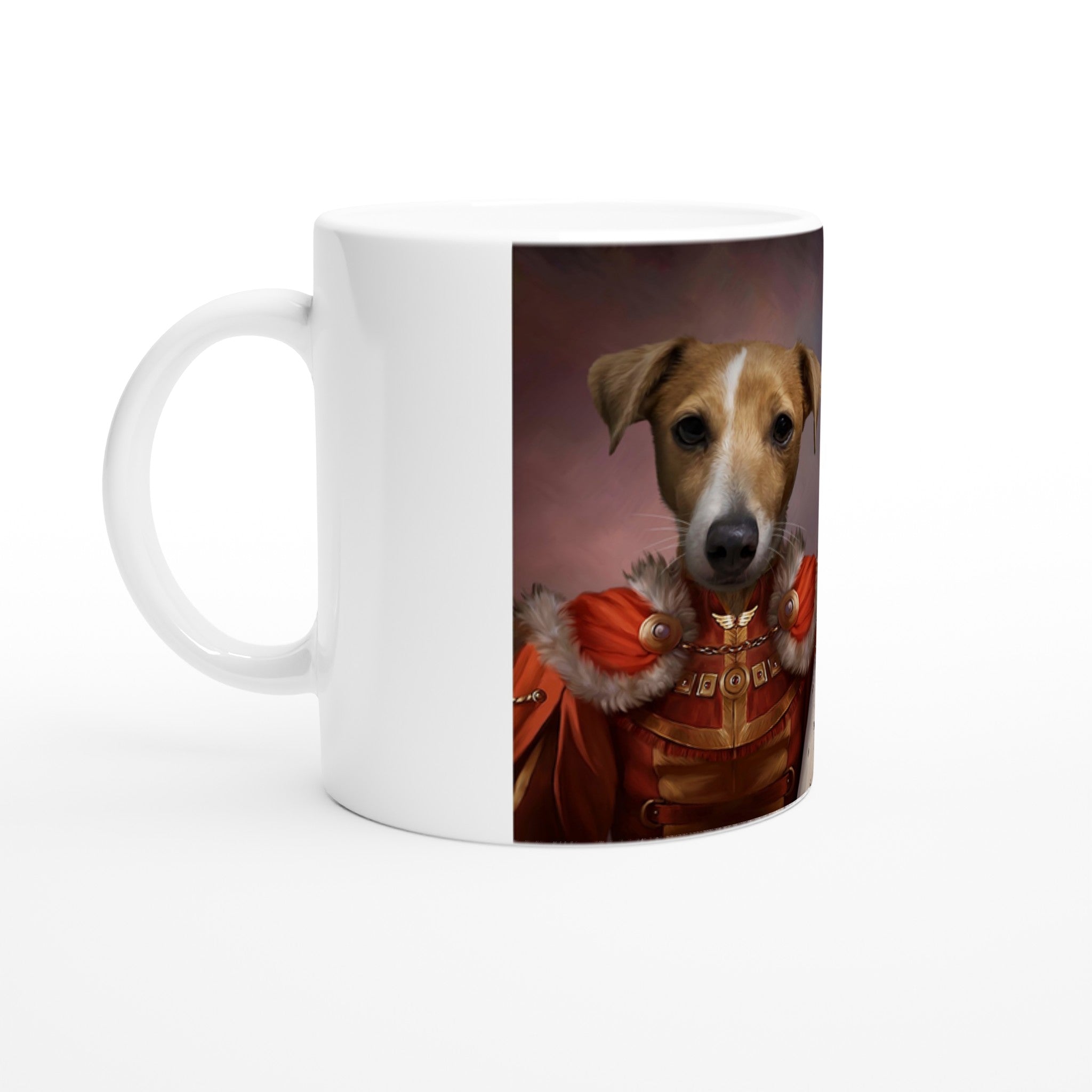 Mug céramique personnalisé avec portrait d'animal en costume royal, imprimé en France, papier FSC.