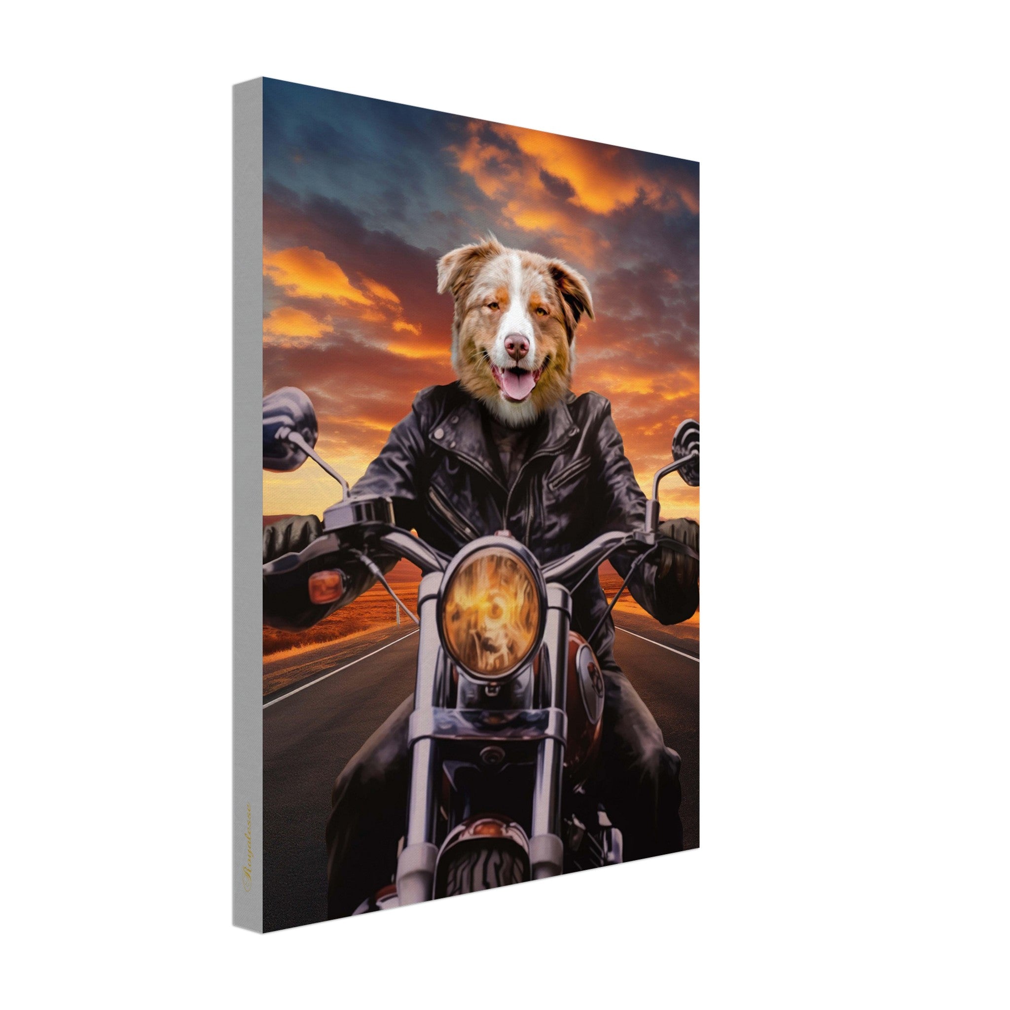 Portrait personnalisé d'un chien motard sur toile, imprimé en France sur papier FSC. Une œuvre d'art unique pour votre compagnon.