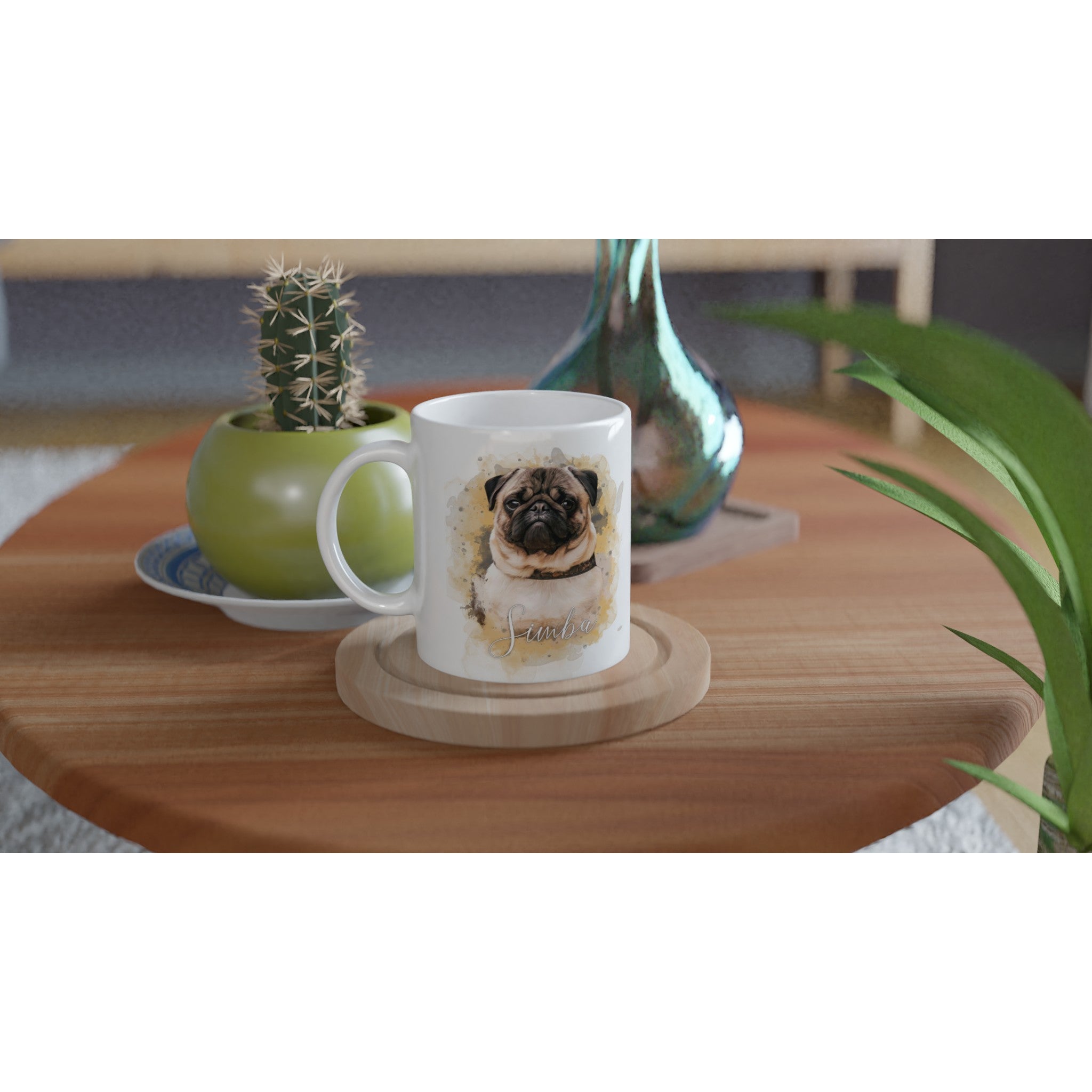 Tasse AQUARELLE personnalisée avec portrait de chien en costume, imprimée en France sur papier FSC, sur une table en bois.