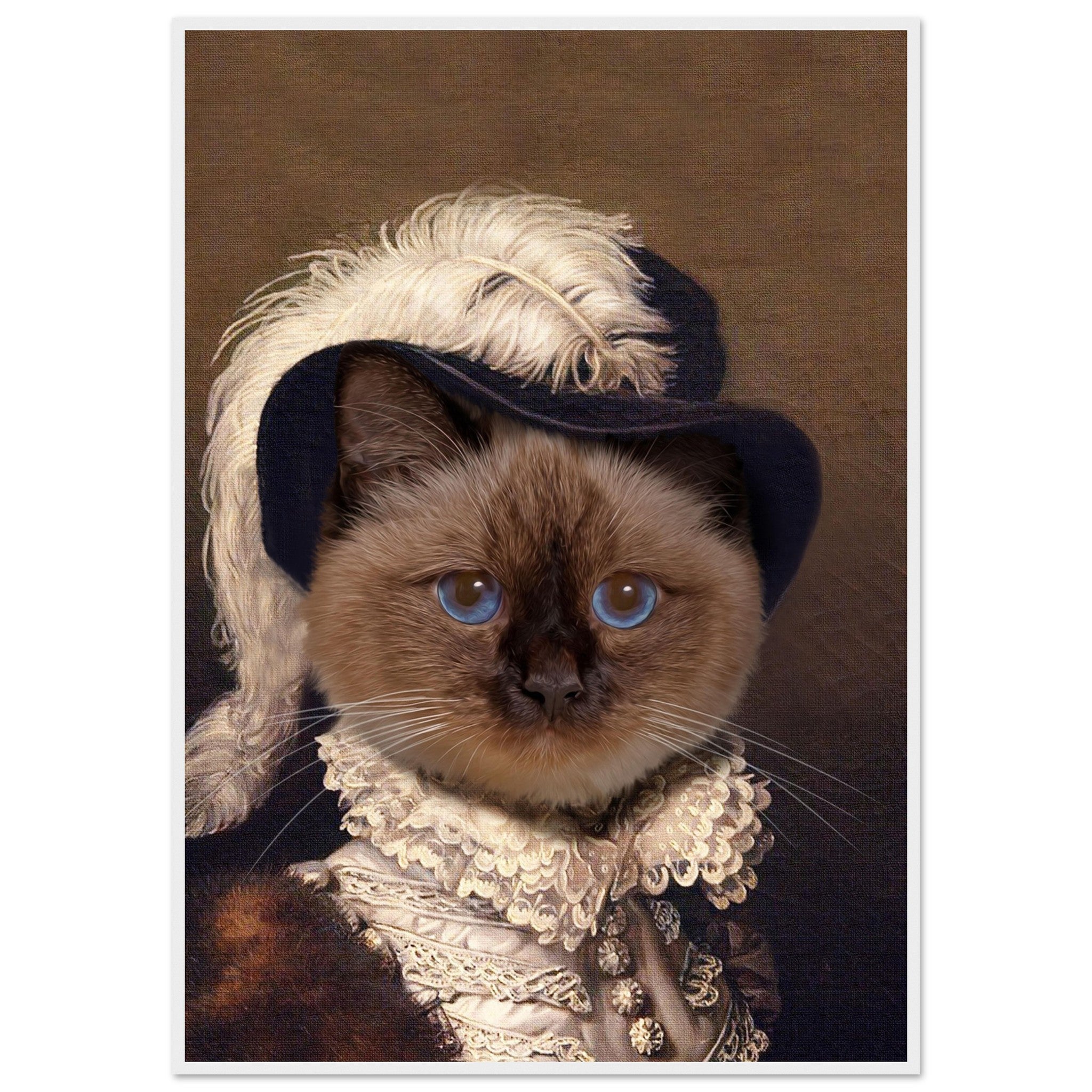 Représentation humoristique d'un chat en habit aristocratique du XVIIIe siècle, portant un grand chapeau et une plume blanche.