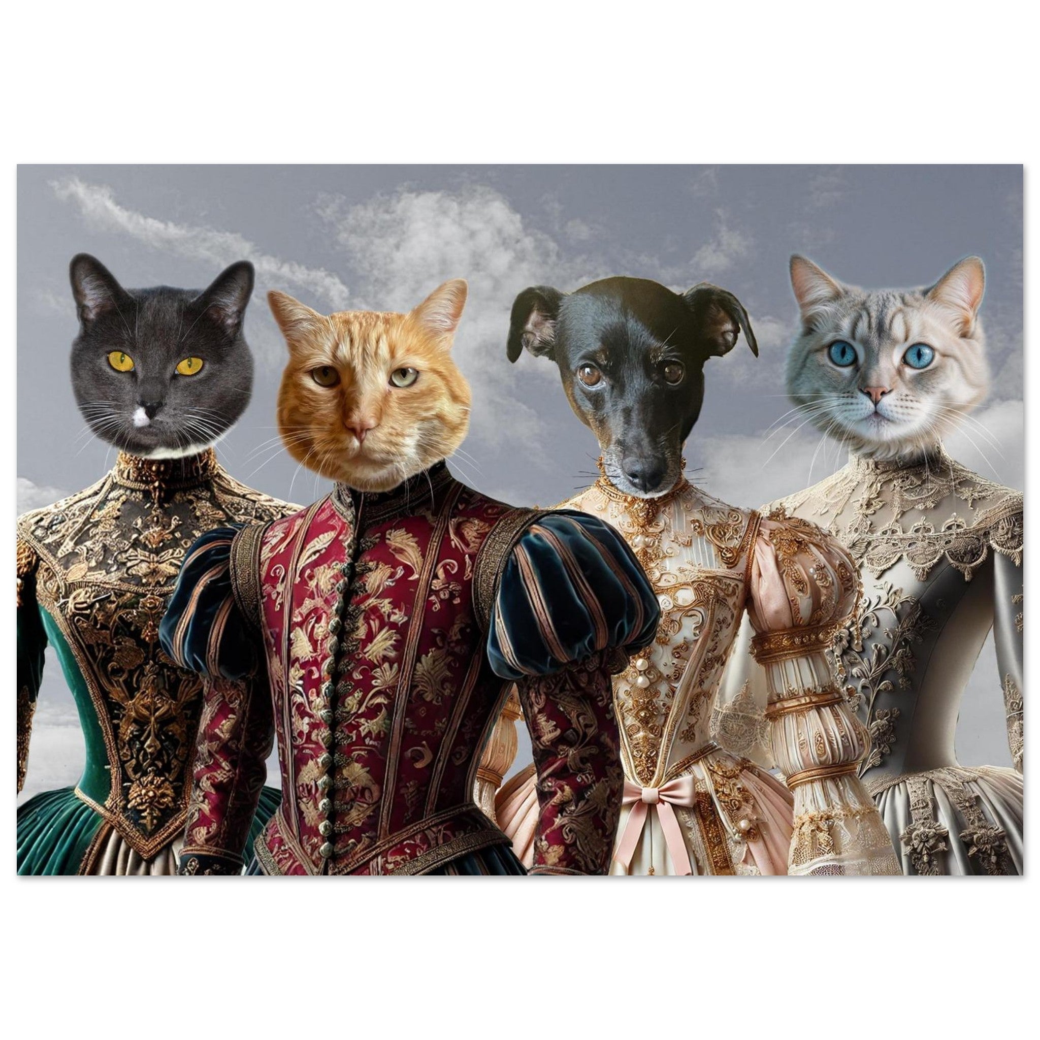 Portrait fantaisiste de quatre figures anthropomorphes – trois chats (gris aux yeux jaunes, roux, blanc aux yeux bleus) et un petit chien noir – vêtues de somptueuses robes Renaissance richement brodées sur fond de ciel nuageux.