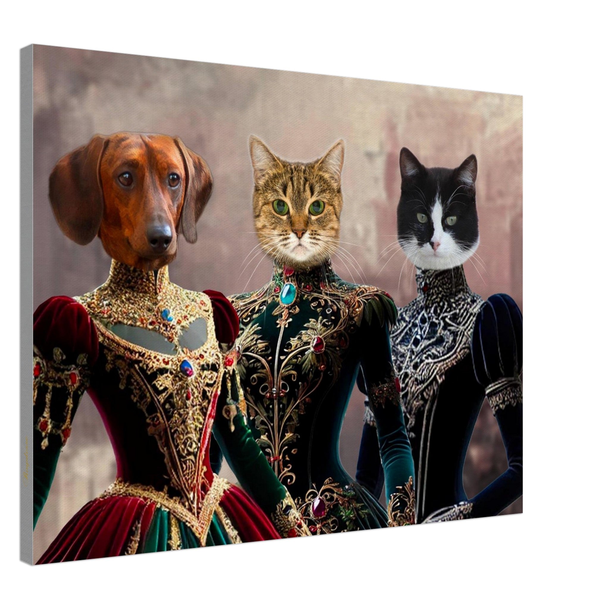 Trois animaux anthropomorphes sur toile : un chien teckel marron, un chat tigré et un chat noir et blanc vêtus de somptueuses robes Renaissance brodées d’or et serties de pierres précieuses.