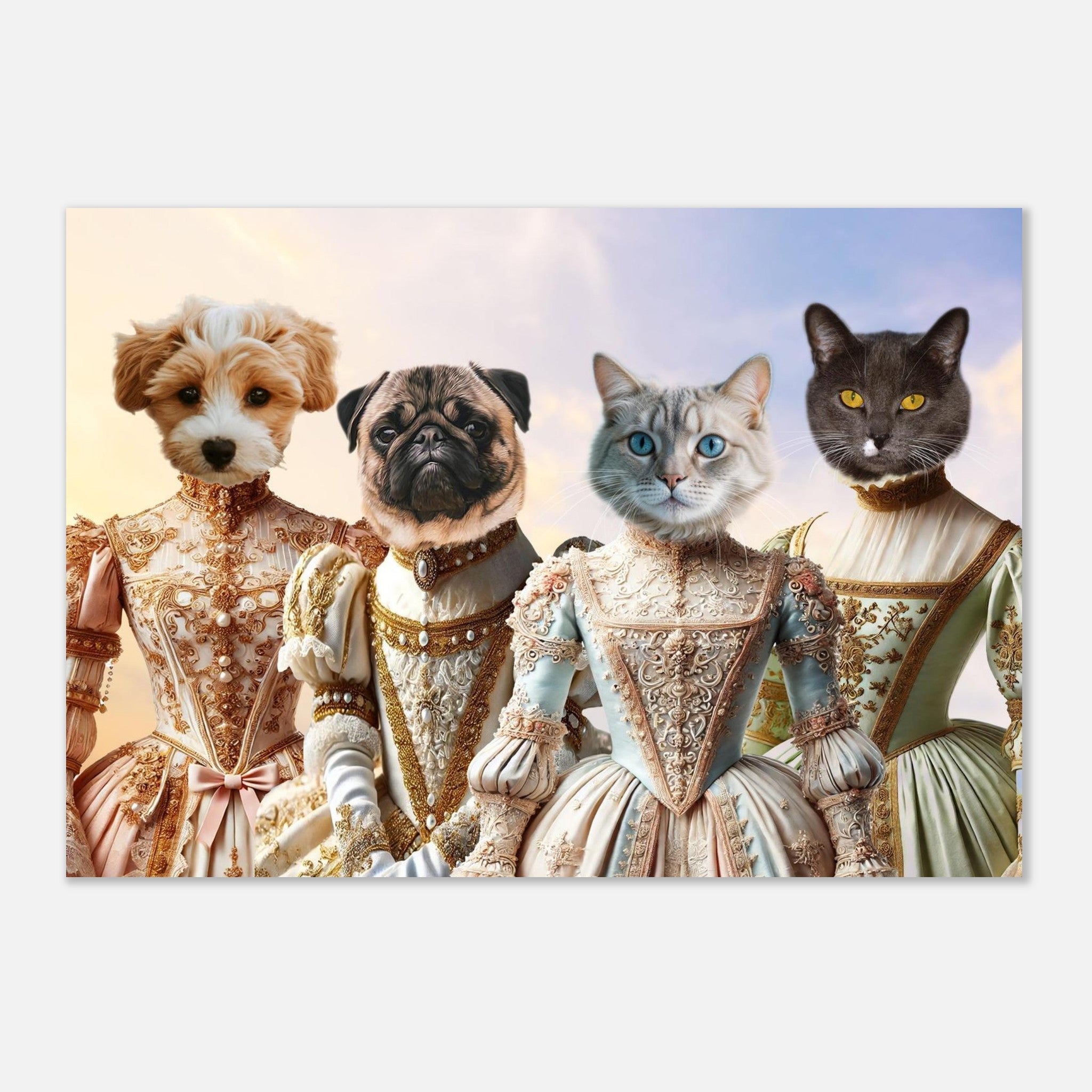 Deux chiens et deux chats anthropomorphes vêtus de somptueuses robes baroques ornées de perles et de broderies, alignés devant un ciel aux teintes pastel.