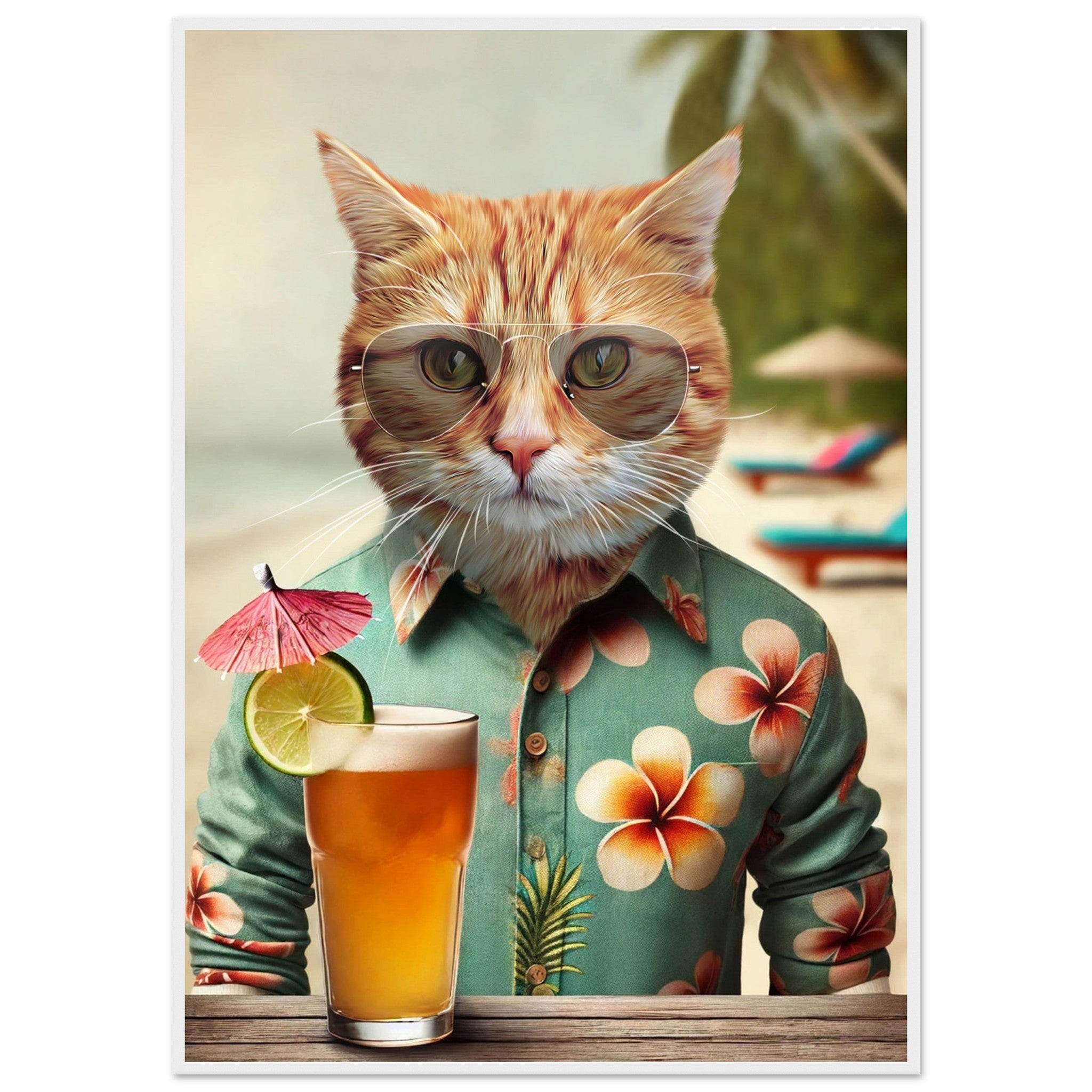 Chat habillé en chemise hawaïenne devant une plage, tenant un cocktail. Poster peint sur papier FSC, imprimé en France, cadre en bois durable.