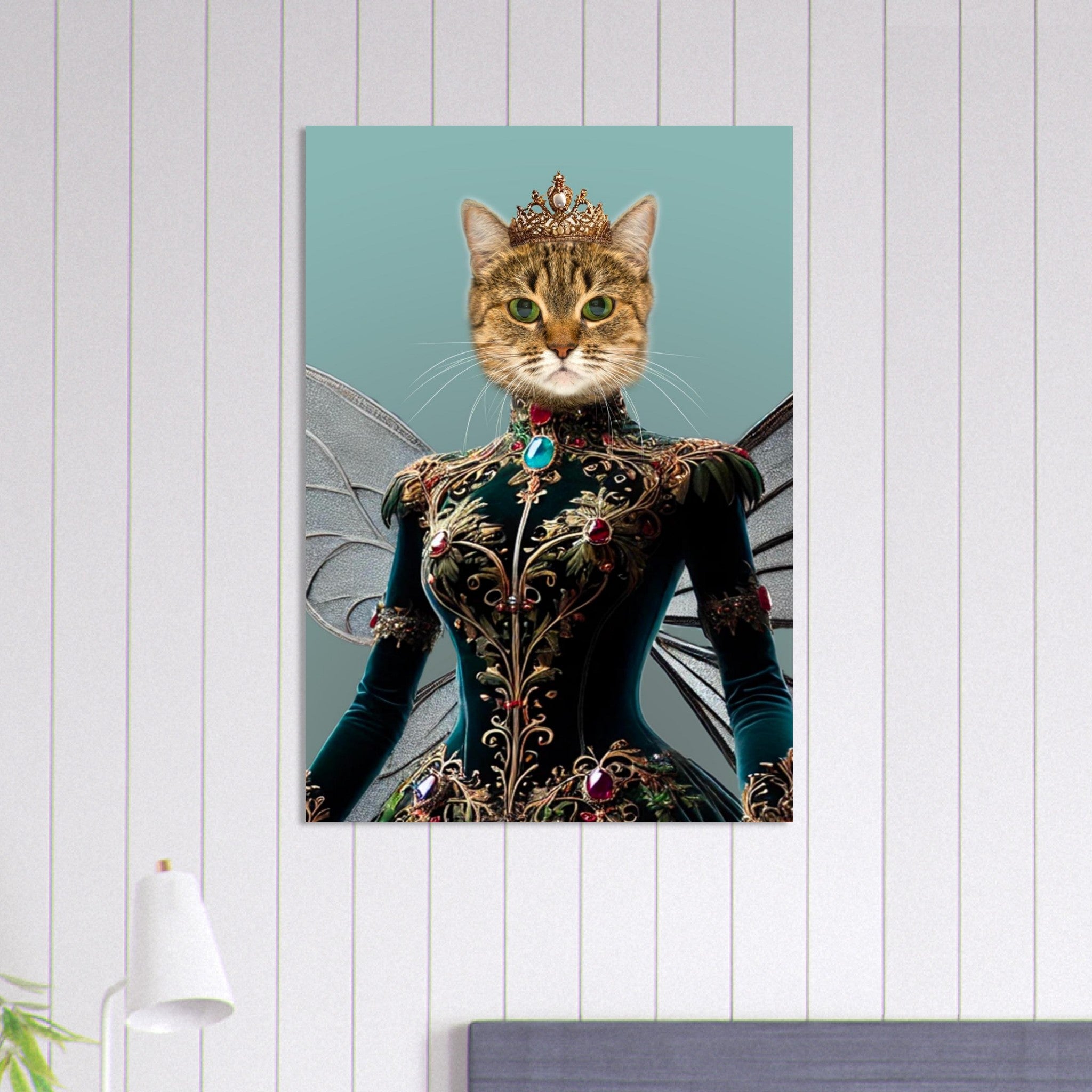 Chat féérique à tête de chat couronné, vêtu d’une somptueuse robe vert émeraude brodée d’or et ornée de bijoux (émeraudes et rubis), avec des ailes translucides sur fond turquoise.