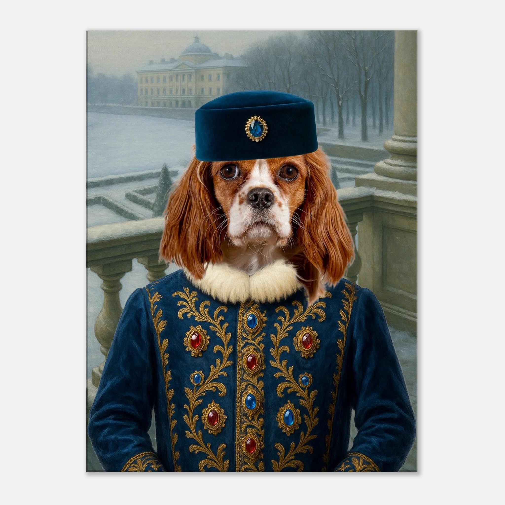 Portrait d’un chien Cavalier King Charles Spaniel en costume royal bleu brodé de motifs dorés et orné de pierres précieuses, coiffé d’un chapeau à gemme, posé sur un balcon face à un jardin formel enneigé et un bâtiment classique.