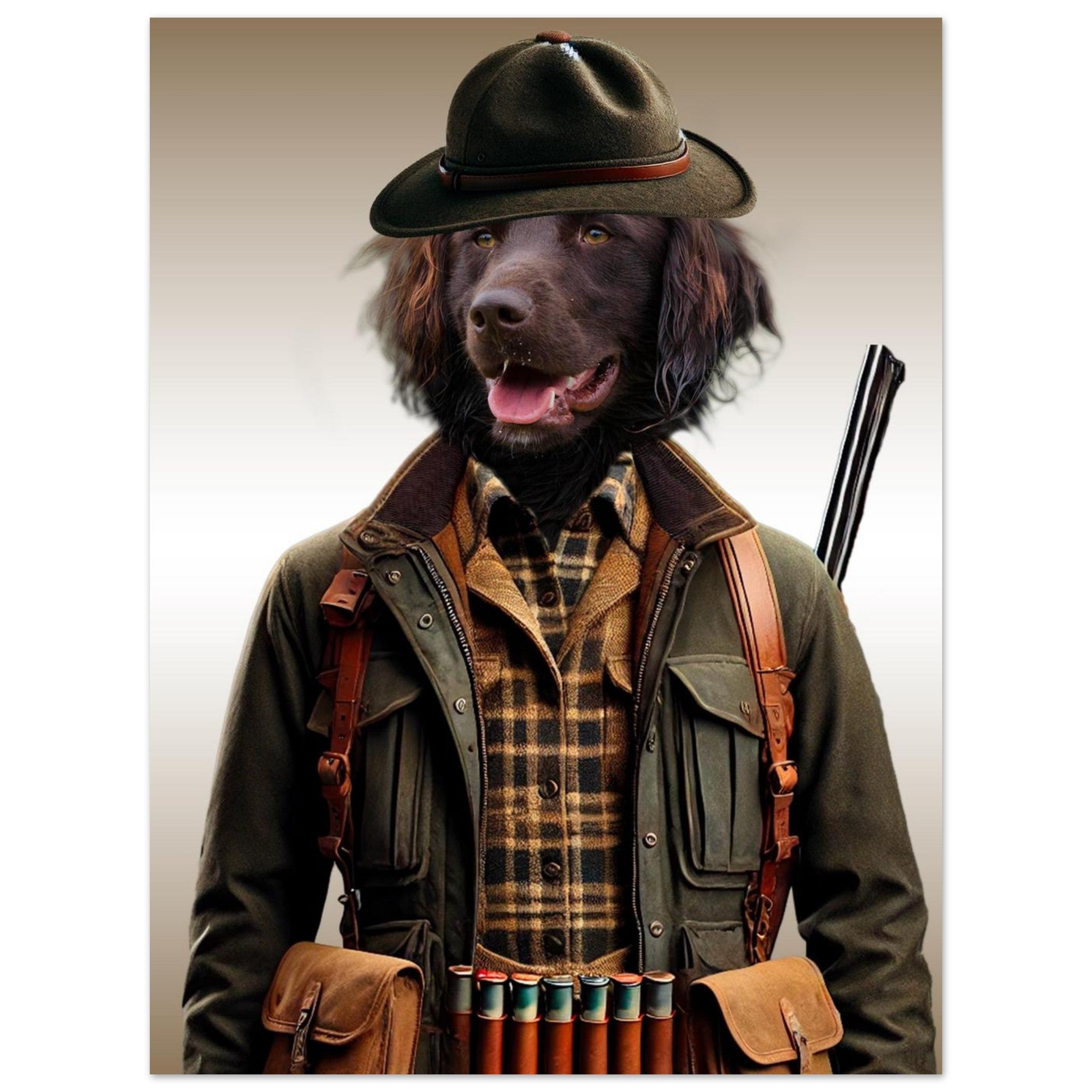 Chien brun anthropomorphe en tenue de chasseur : veste kaki et chemise à carreaux, chapeau de feutre, fusil sur l’épaule et cartouchières en cuir.