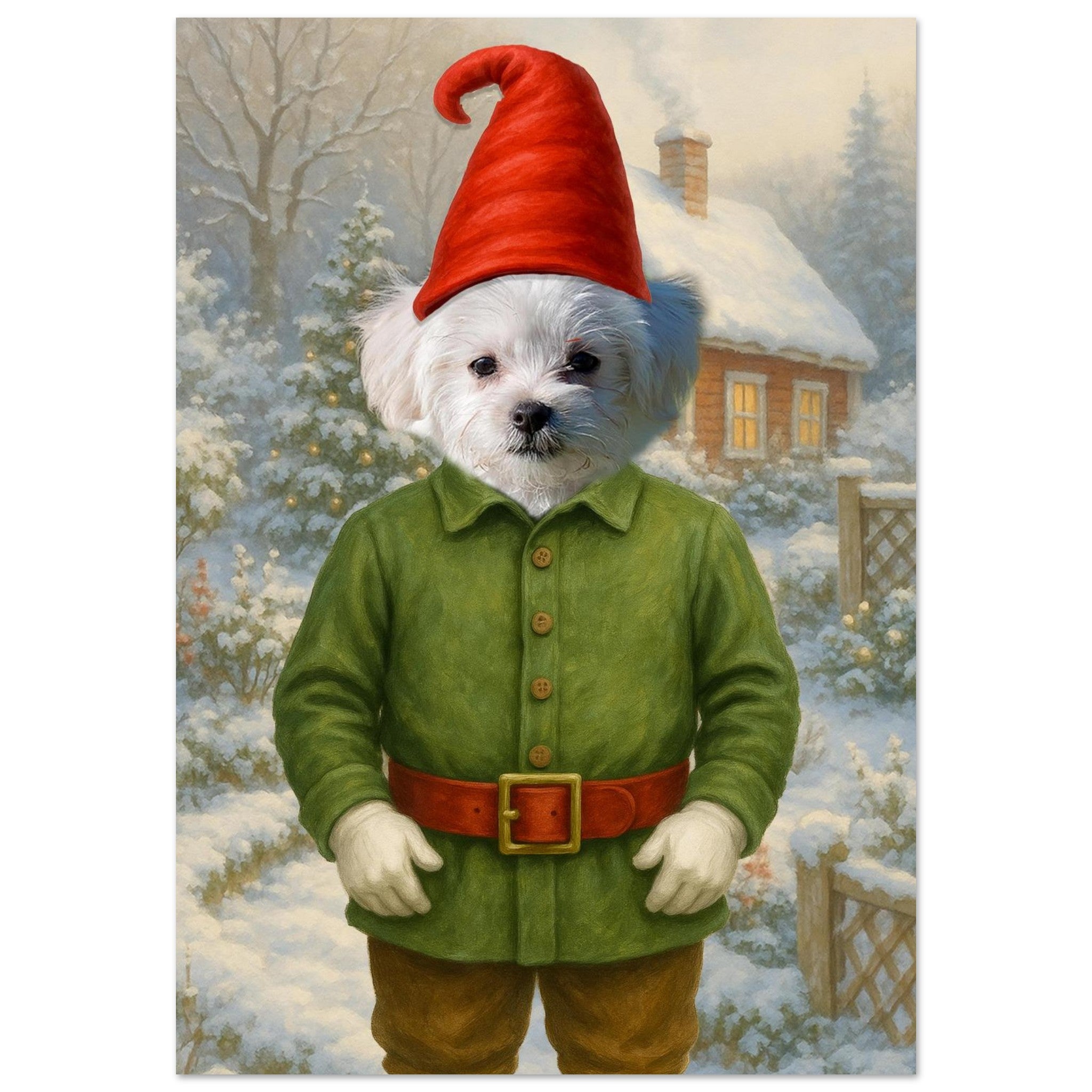 Petit chien blanc en costume d’elfe de Noël avec manteau vert et bonnet rouge, debout devant un chalet enneigé et un paysage hivernal calme.