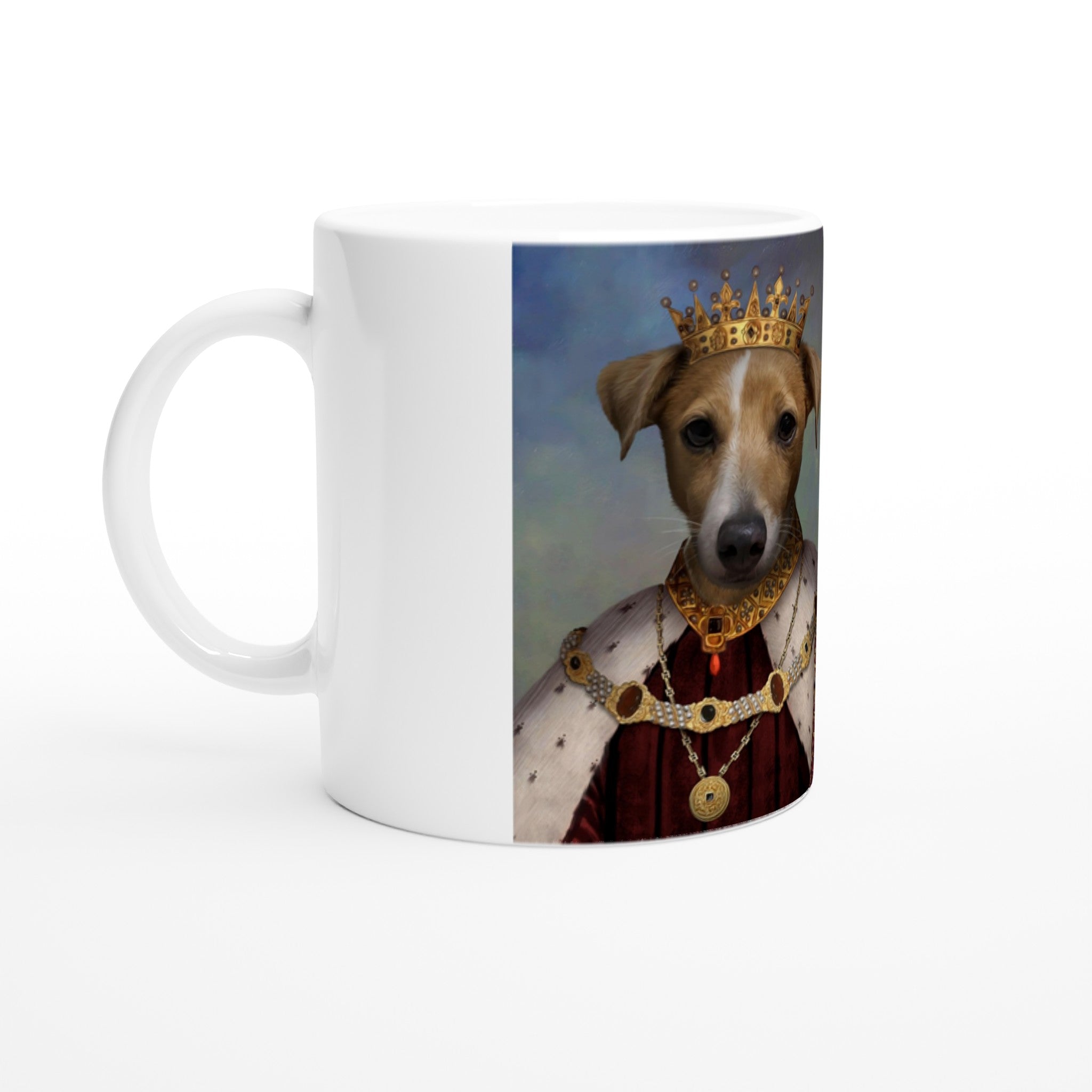 Mug personnalisé avec portrait d'un chien en costume royal imprimé en France, céramique blanche, papier FSC inclus.