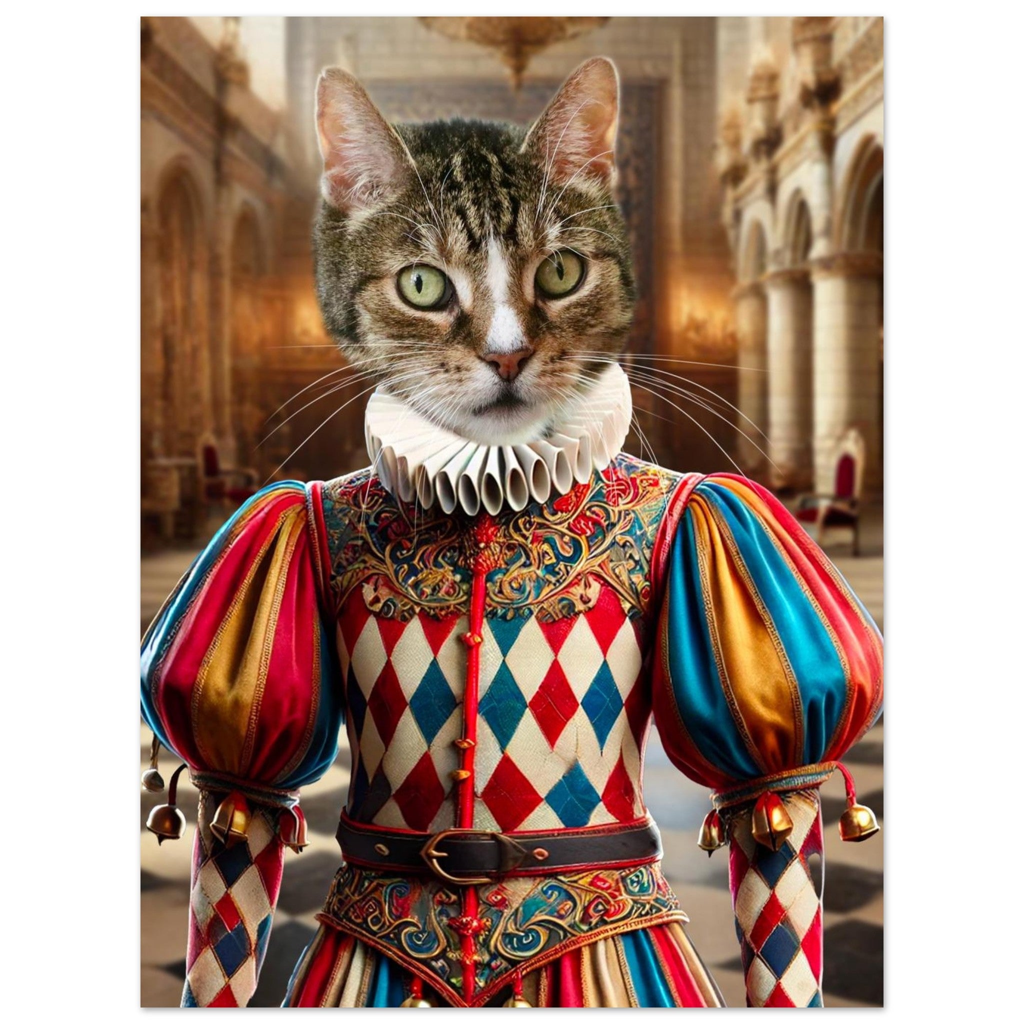 Chat à tête réaliste monté sur un corps vêtu d’un somptueux costume Renaissance Harlequin rouge, bleu et or, avec collerette plissée et manches bouffantes à clochettes, dans le grand hall d’un palais ancien.
