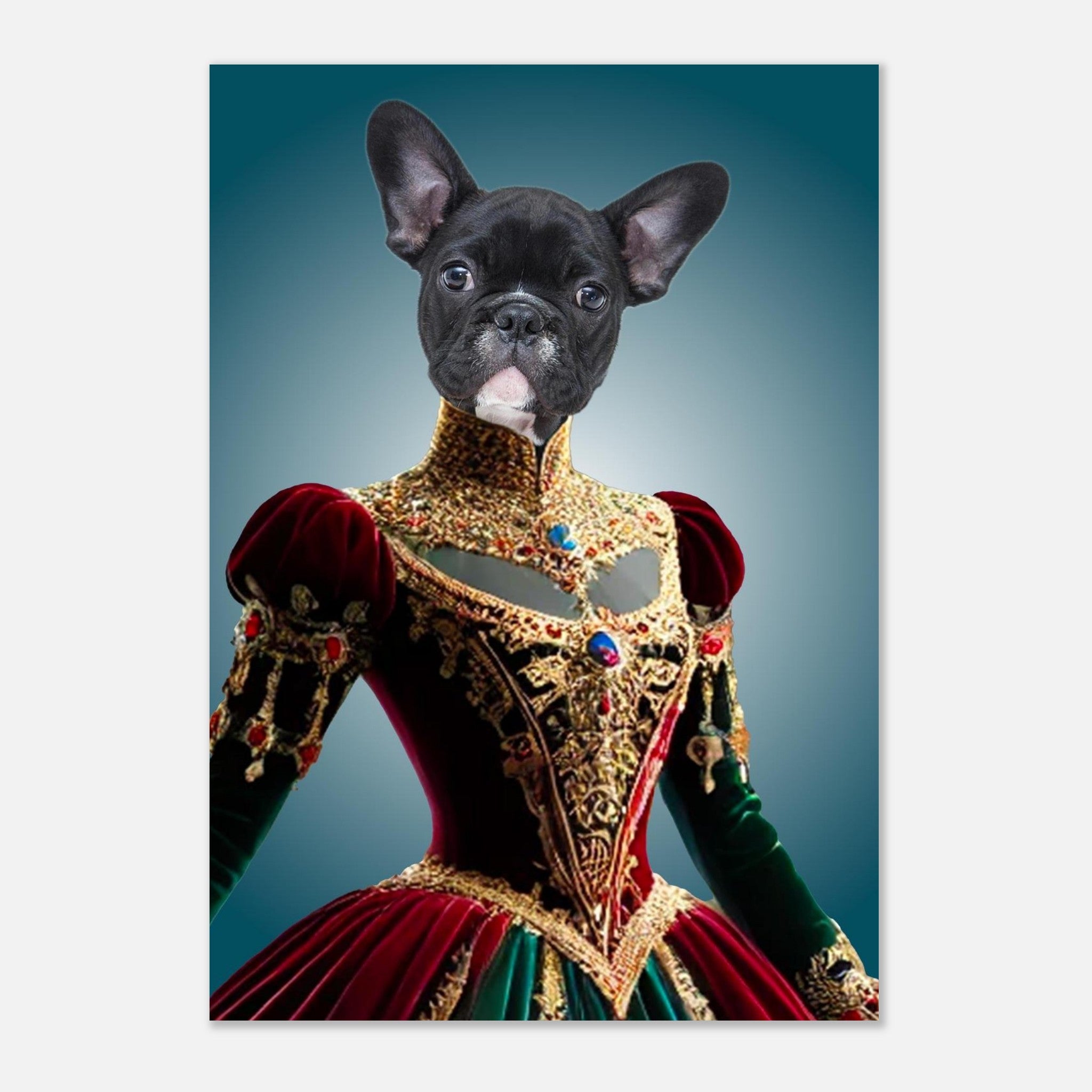 Portrait surréaliste d’un bouledogue français noir coiffé comme un souverain, vêtu d’une somptueuse robe médiévale rouge et verte richement ornée de broderies dorées et de joyaux.
