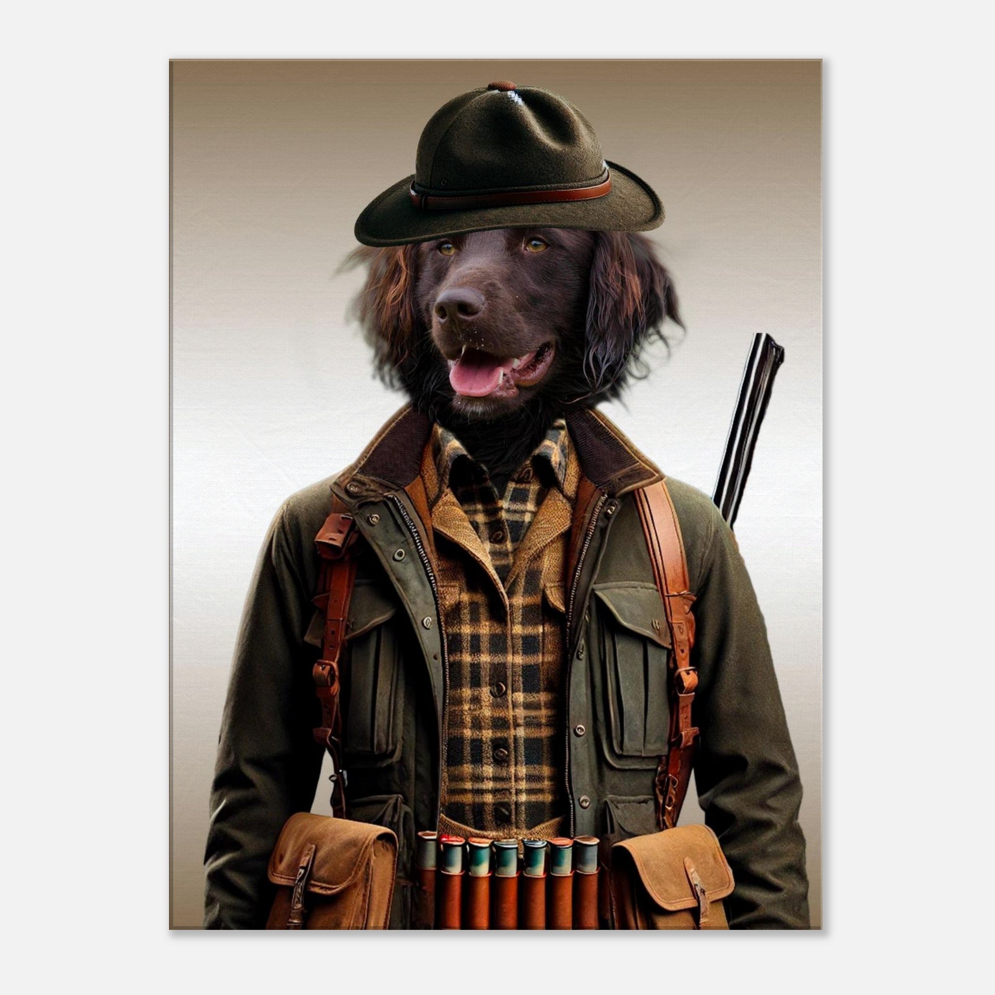 Portrait d’un chien brun souriant coiffé d’un chapeau de chasseur, habillé d’une veste kaki et d’une chemise à carreaux, avec une cartouchière de munitions et un fusil posé sur l’épaule.
