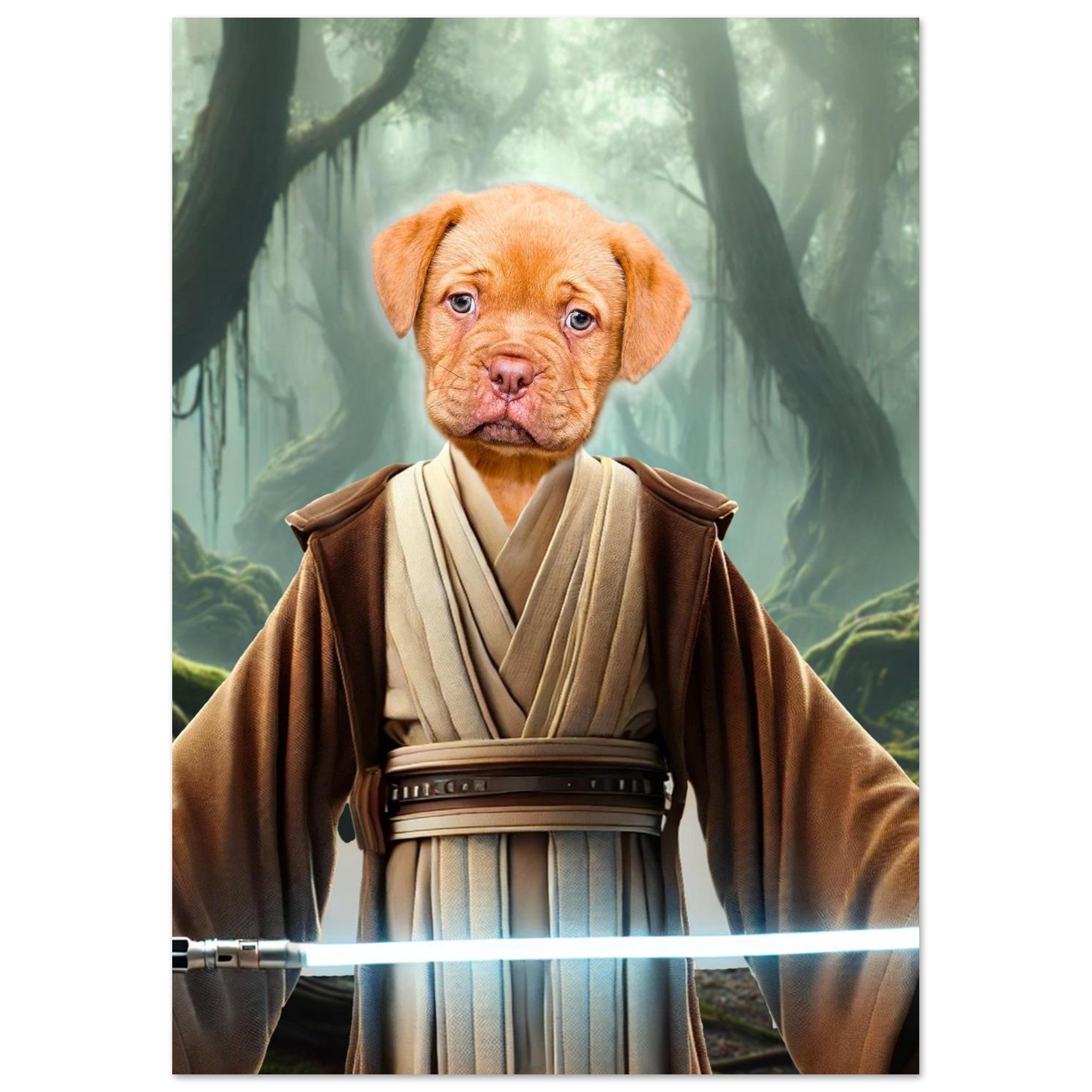 Chien bouledogue fauve déguisé en chevalier Jedi, robe marron et beige, tenant un sabre laser bleu dans une forêt brumeuse