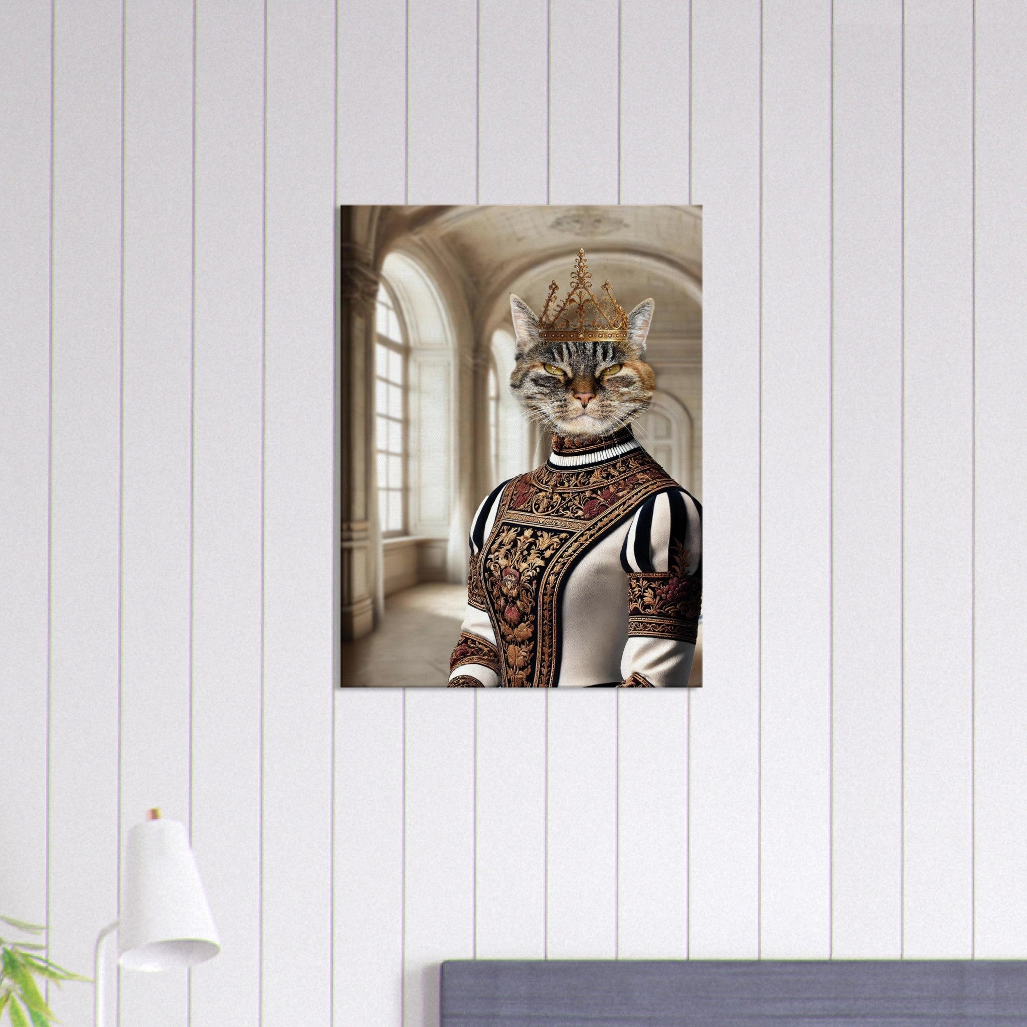 Chat tigré au port noble vêtu d’un habit brodé et d’une couronne dorée dans un palais baroque lumineux