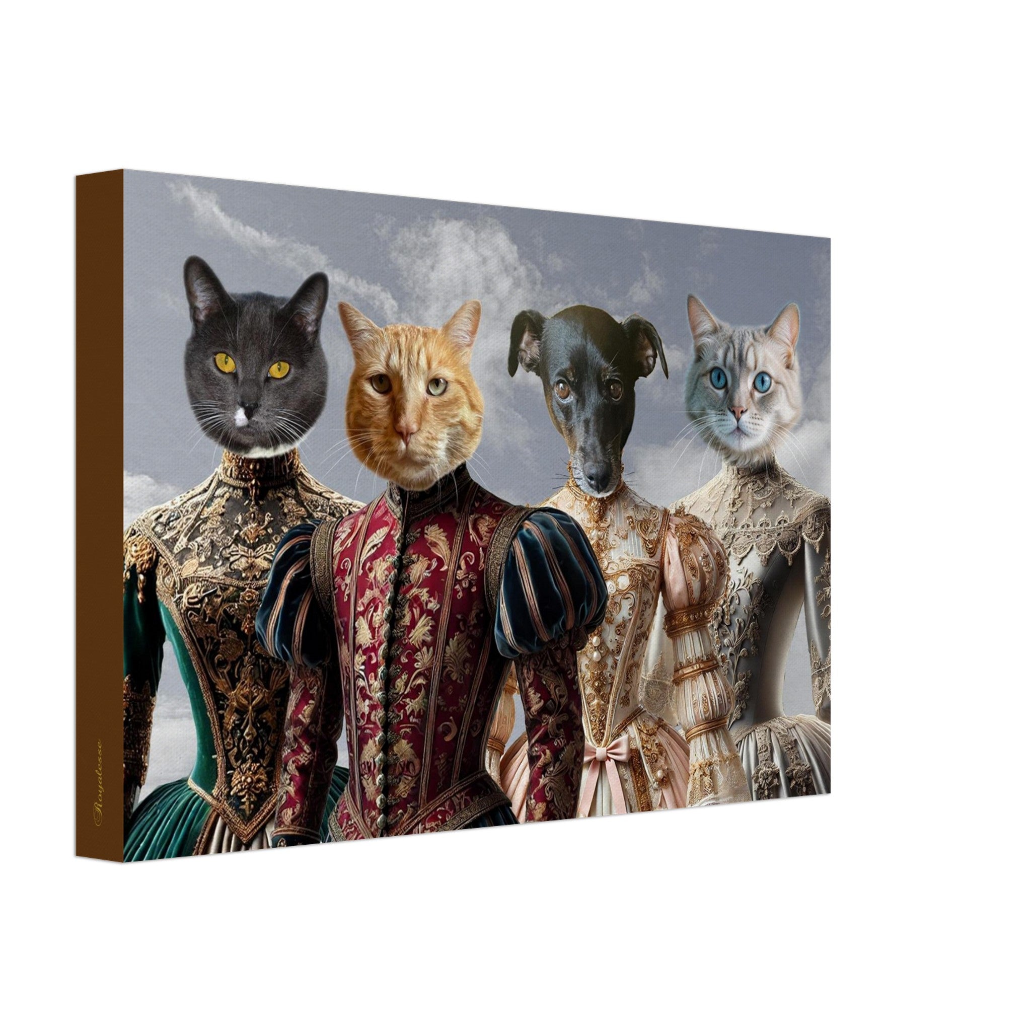 Trois chats et un petit chien vêtus de riches costumes Renaissance brodés, posant côte à côte sur un fond de ciel nuageux.