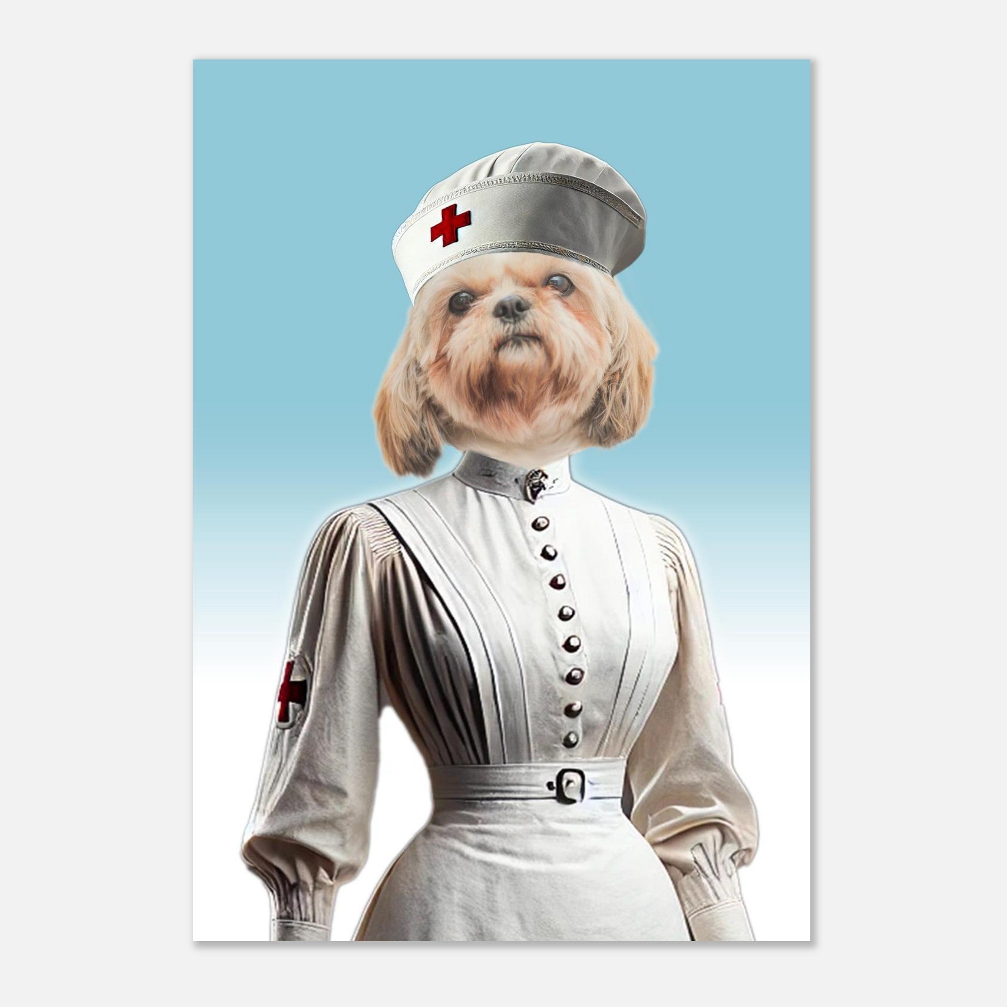 Chien Shih Tzu représenté en infirmière vintage, coiffé d’une coiffe blanche à croix rouge et vêtu d’une longue blouse blanche à boutons sur fond dégradé bleu ciel.