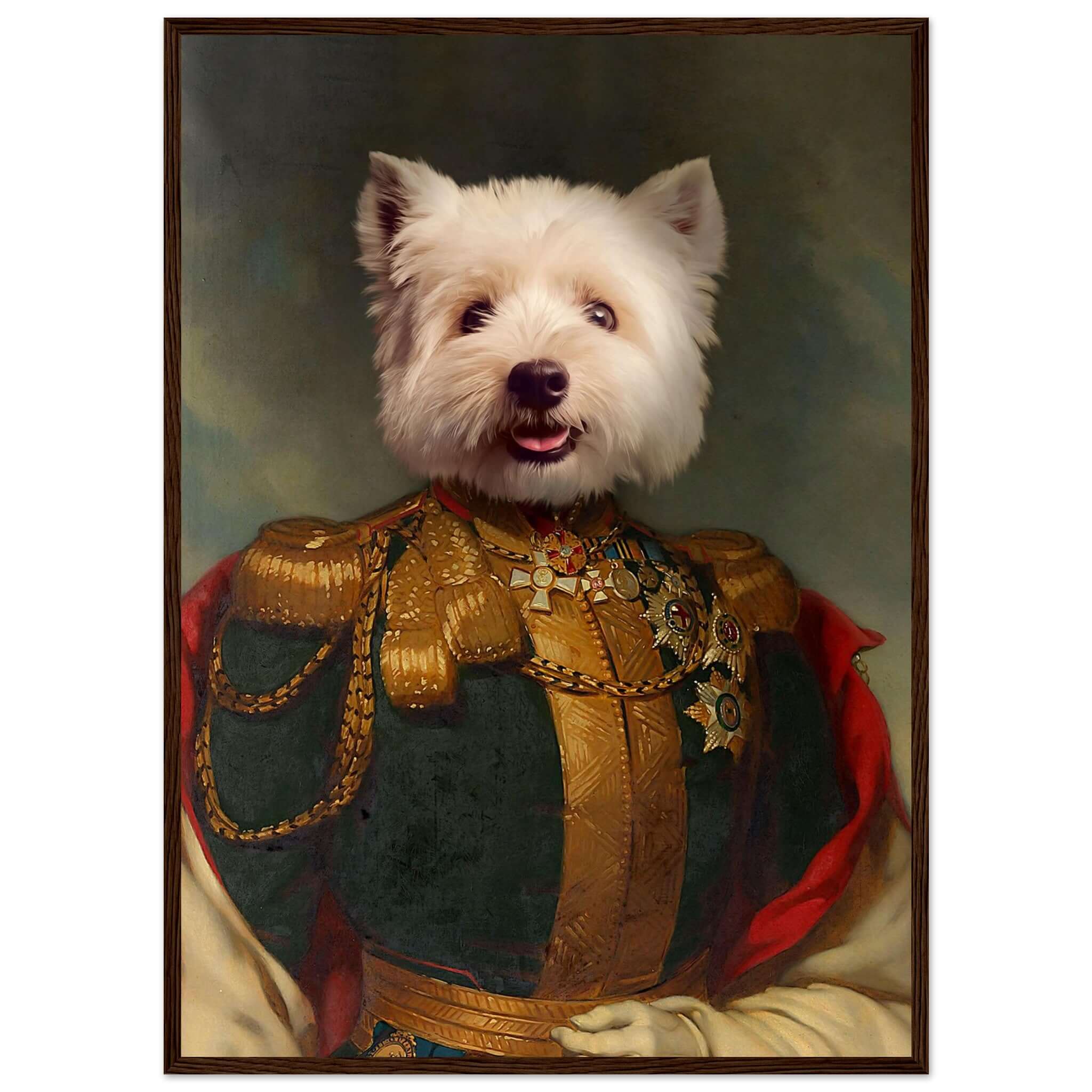 Portrait humoristique de chien habillé en dignitaire, encadré en bois de pin durable, imprimé en France sur papier FSC.