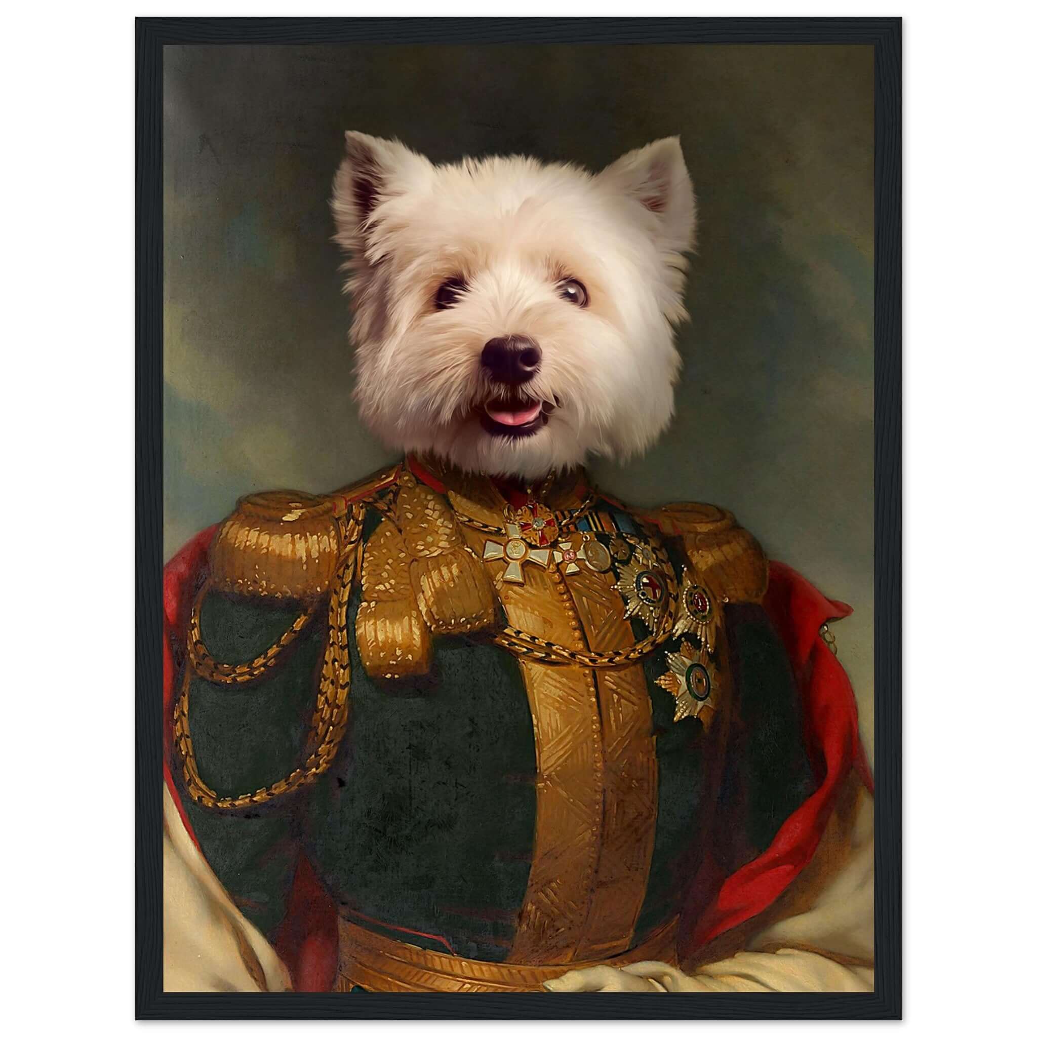 Cadre DUC, portrait chien déguisé en général, cadre en bois de pin, imprimé en France sur papier FSC épais, durable et élégant.