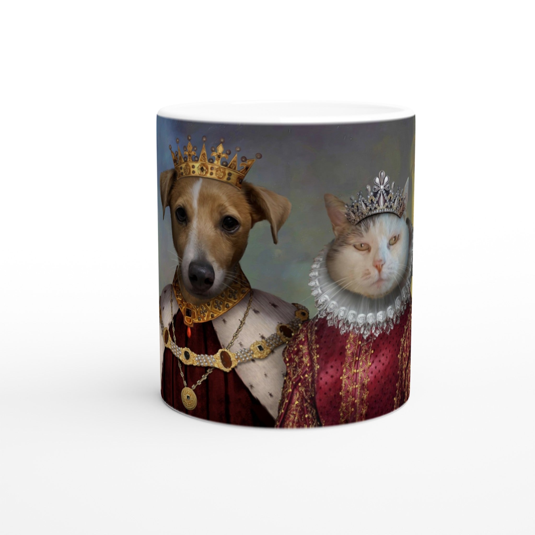 Mug personnalisé avec animal de compagnie en costume royal, imprimé en France sur papier FSC. Élégance et originalité pour chaque boisson.