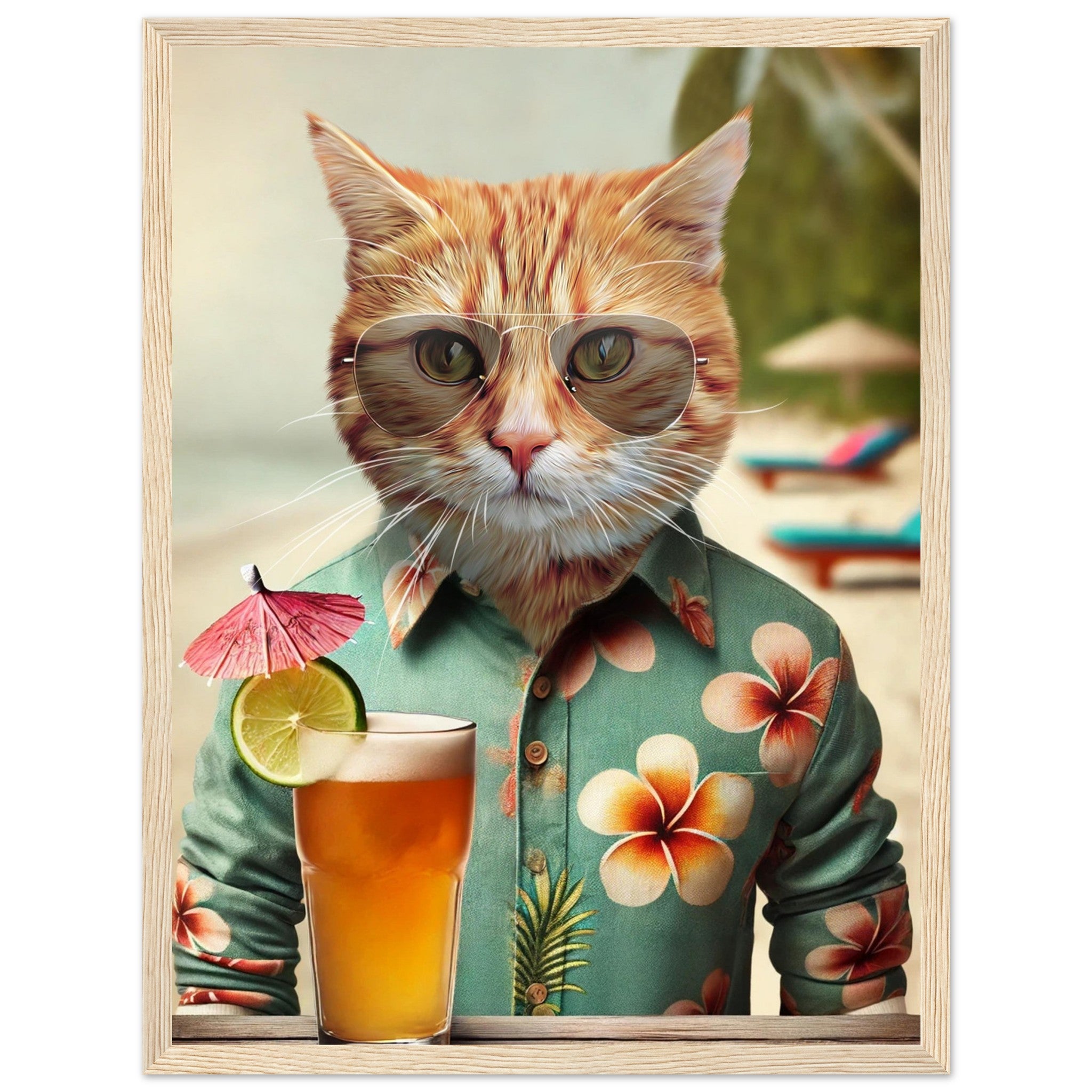 Cadre Beach Boy avec chat en chemise hawaïenne, imprimé en France sur papier FSC, prêt à accrocher, cadre en bois de pin durable.