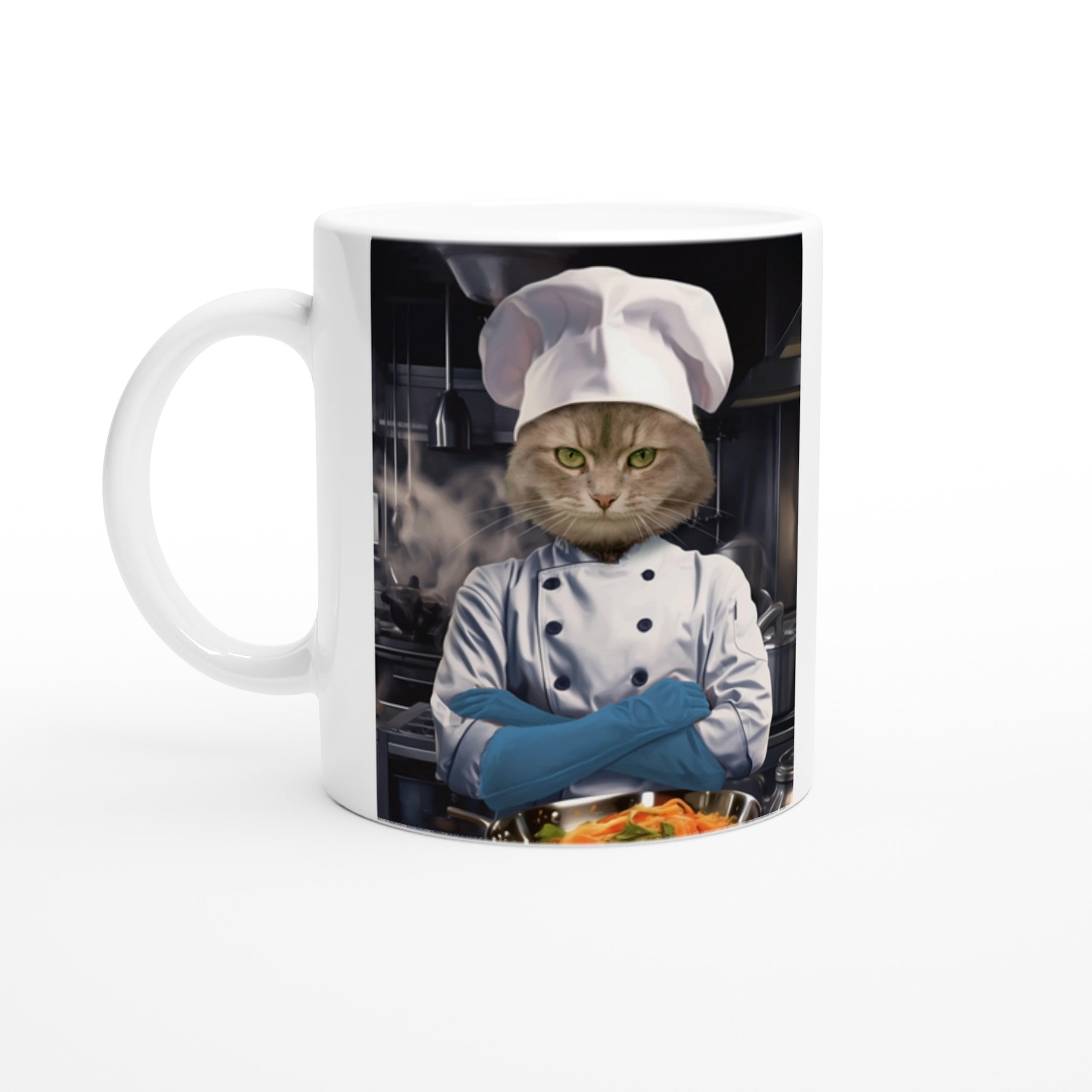 Mug en céramique avec portrait d'animal en costume de chef, imprimé en France, design unique et papier FSC.