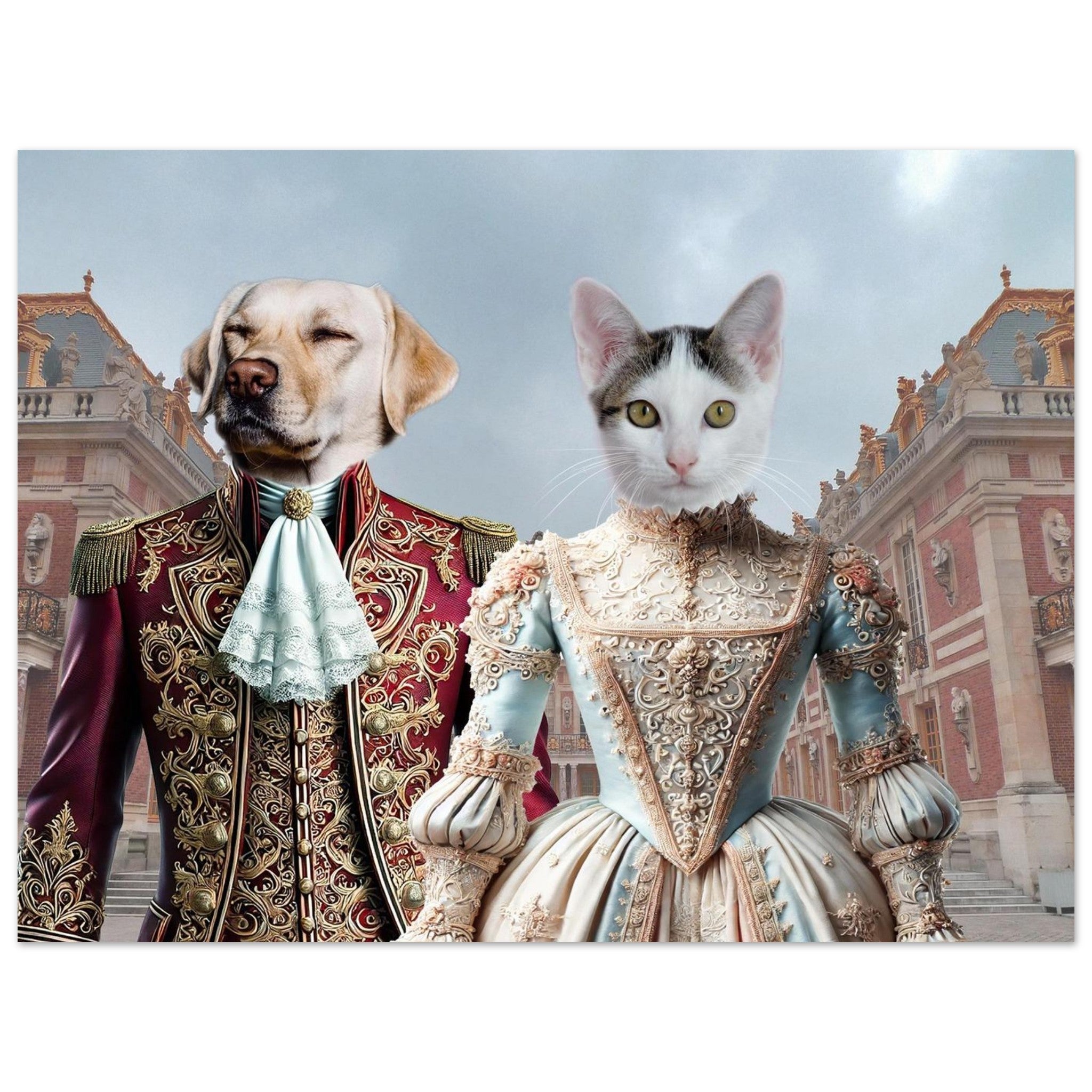 Chien labrador en uniforme d’officier baroque rouge et or à côté d’un chat en robe XVIII e siècle bleu poudré et or, sur fond de la façade du château de Versailles