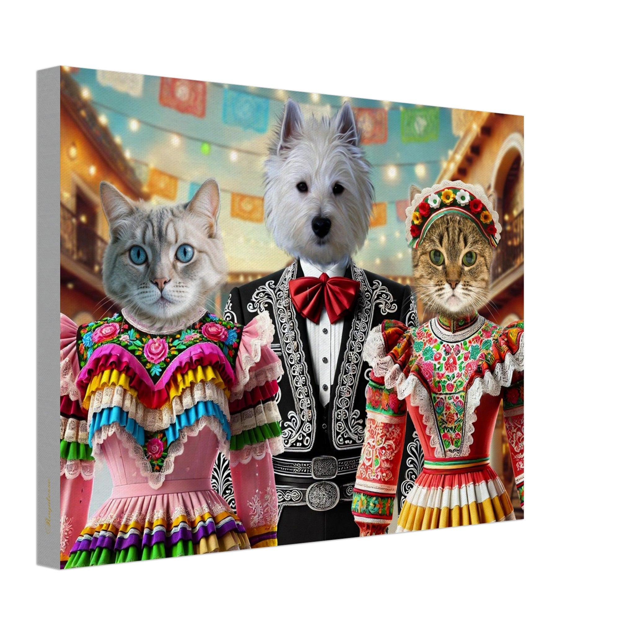 Trois animaux anthropomorphes lors d’une fête mexicaine : un chien blanc en costume de mariachi noir brodé et nœud papillon rouge, flanqué de deux chats en robes folkloriques colorées à volants sous des guirlandes de papel picado.
