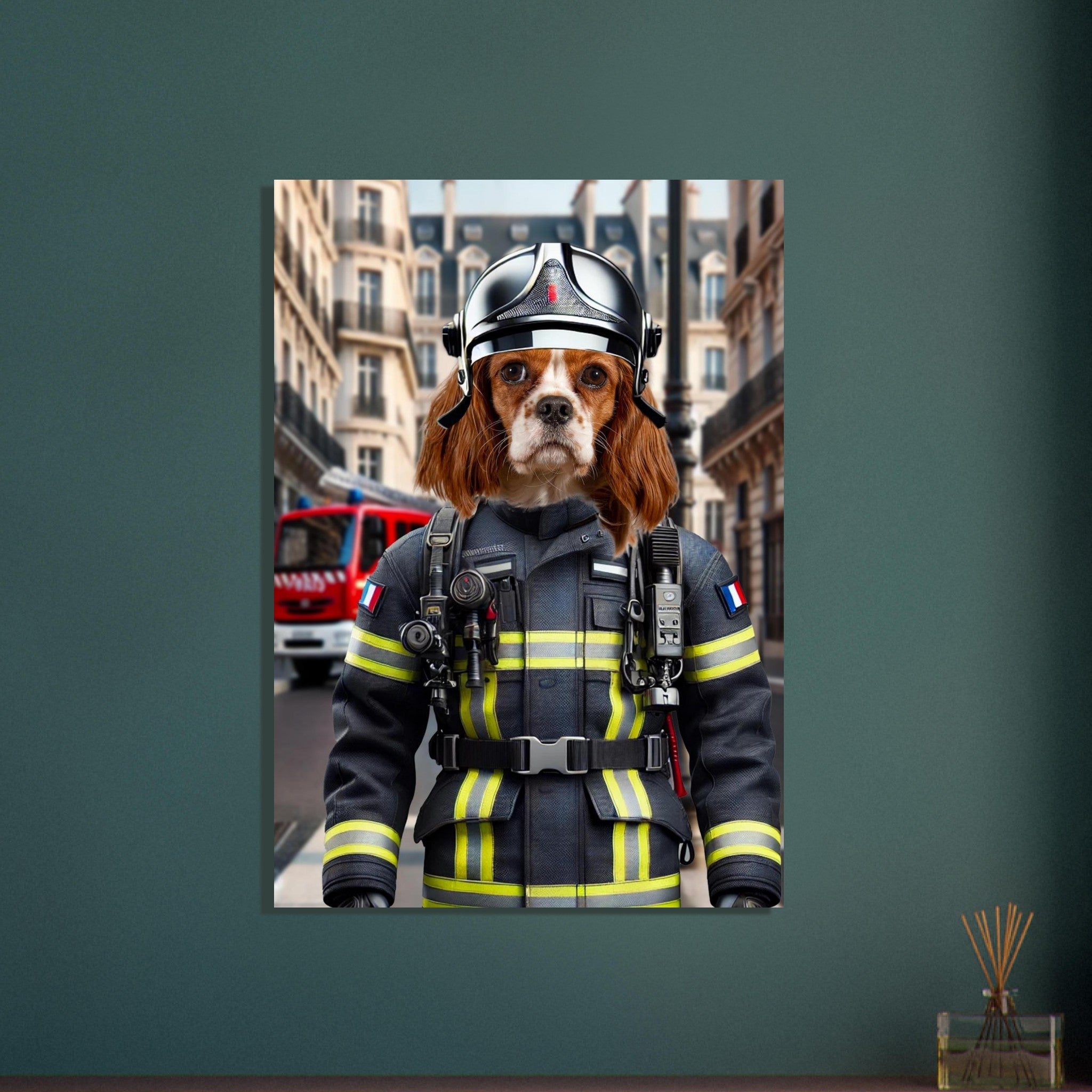 Cavalier King Charles marron et blanc en uniforme de pompier français (casque noir, veste noire à bandes réfléchissantes jaunes, radio accrochée), debout devant un fourgon rouge dans une rue parisienne bordée d’immeubles haussmanniens.