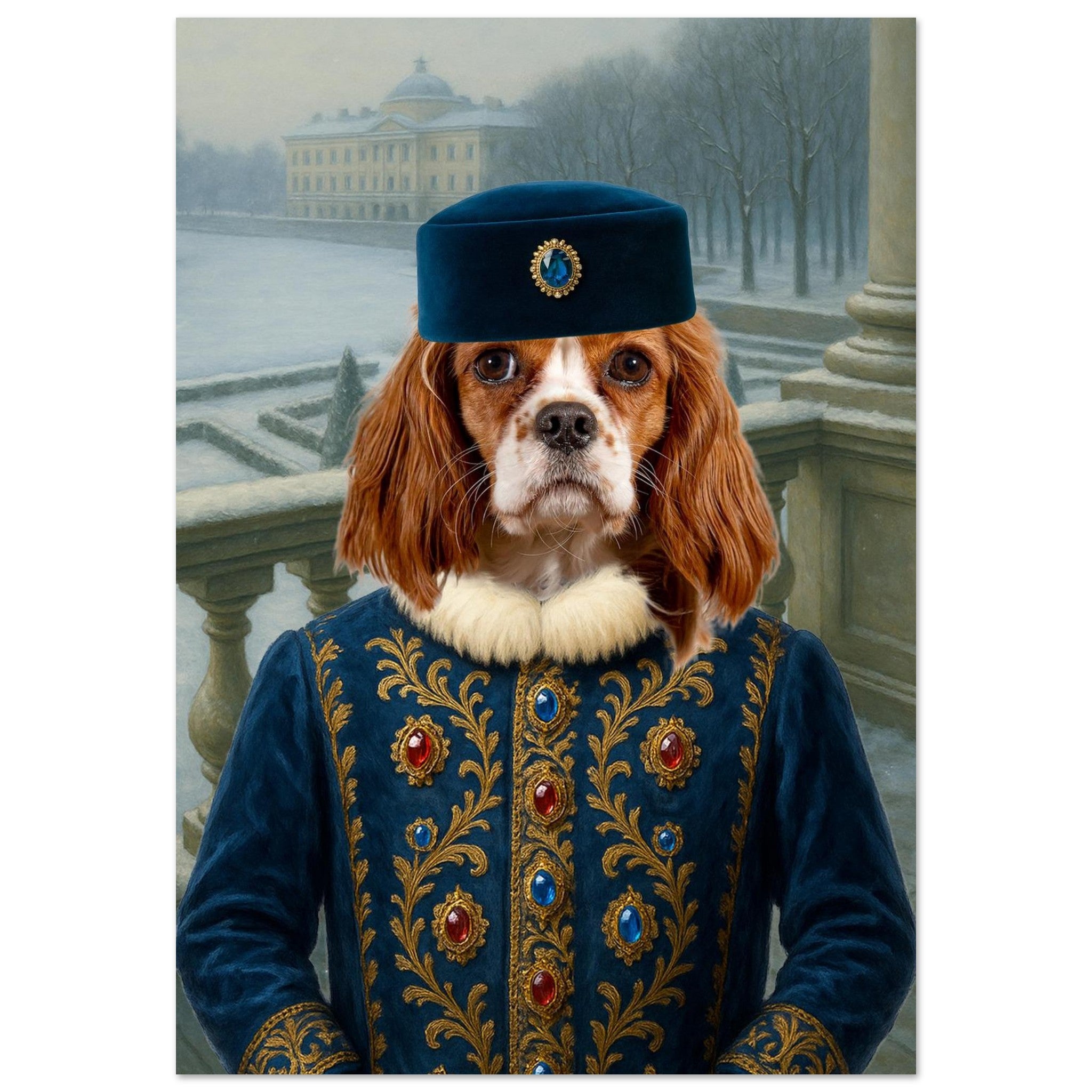 Portrait d’un chien Cavalier King Charles Spaniel vêtu d’un costume royal bleu à broderies dorées et pierres précieuses, coiffé d’un chapeau assorti, posé sur un balcon enneigé face à un palais d’hiver.