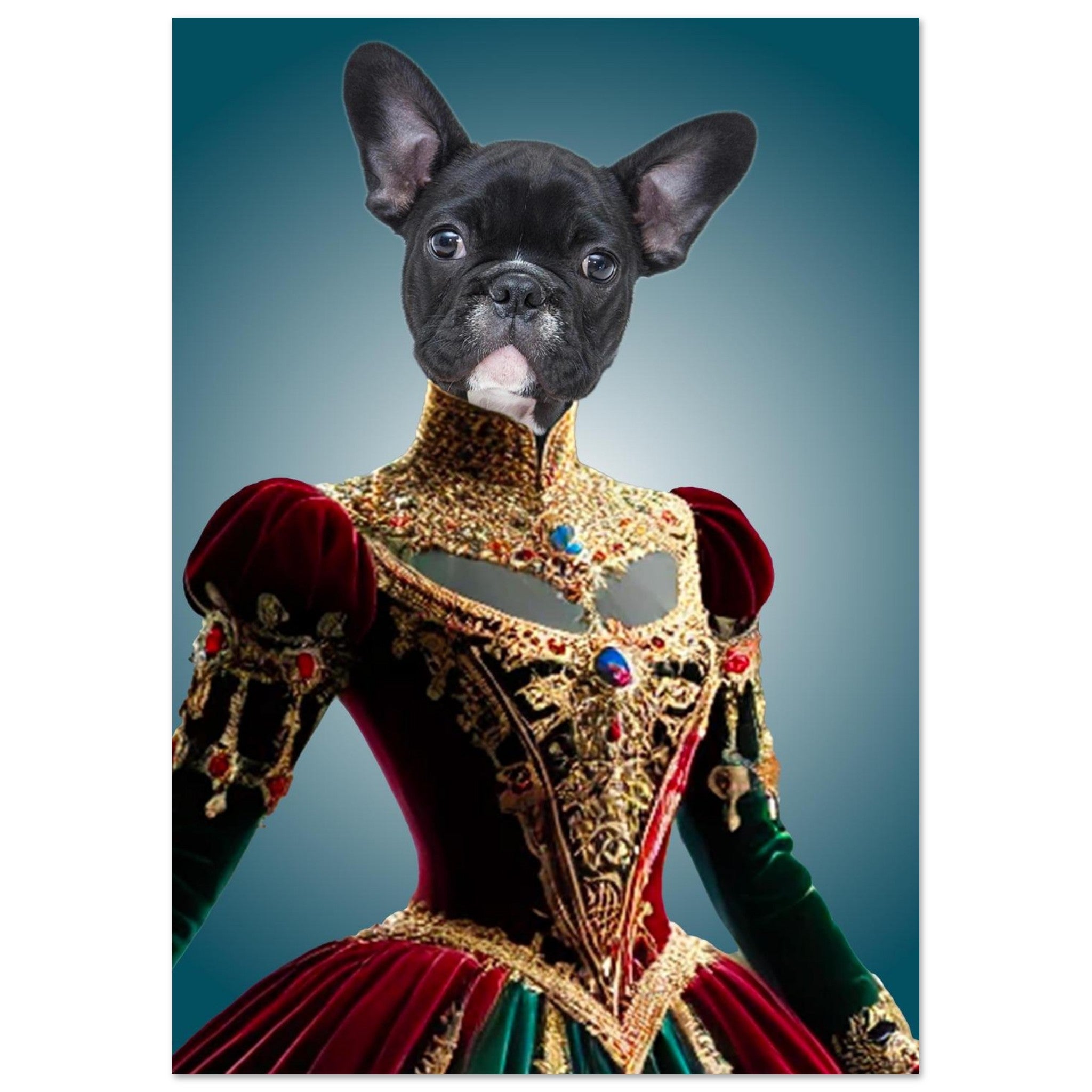 Tête de bouledogue français noir posée sur un corps humain vêtu d’une somptueuse robe Renaissance bordeaux et verte, richement brodée d’or et ornée de pierres précieuses.